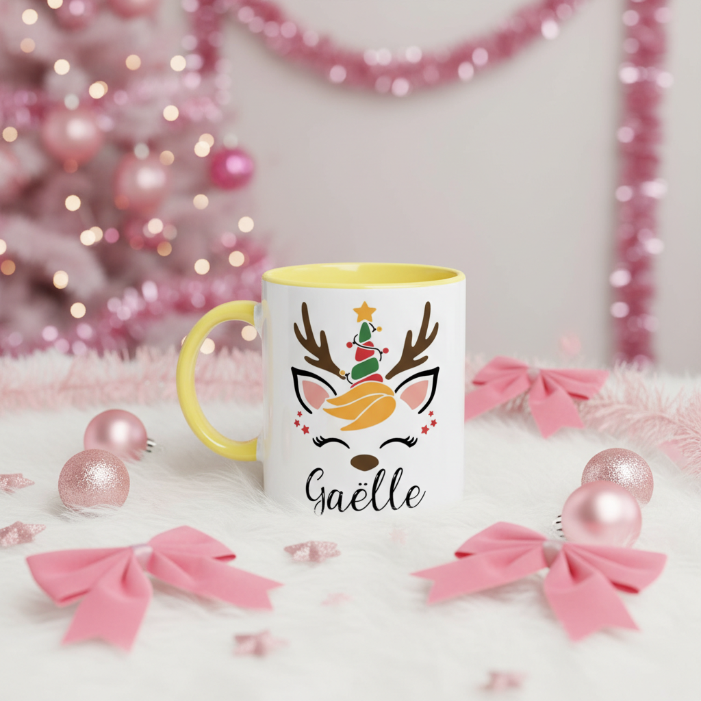 Mug de Noël personnalisé avec illustration licorne renne