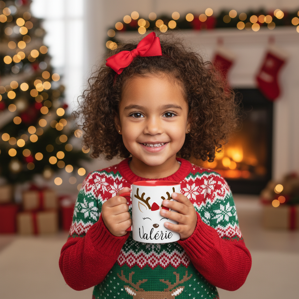Mug personnalisé de Noël tenu par un enfant dans une ambiance hivernale