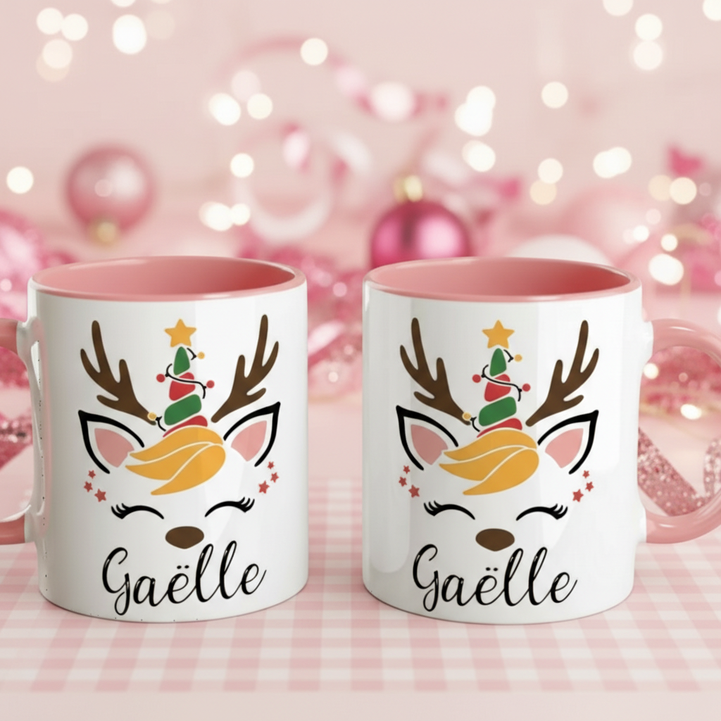 Mug personnalisé de Noël licorne renne avec décoration rose
