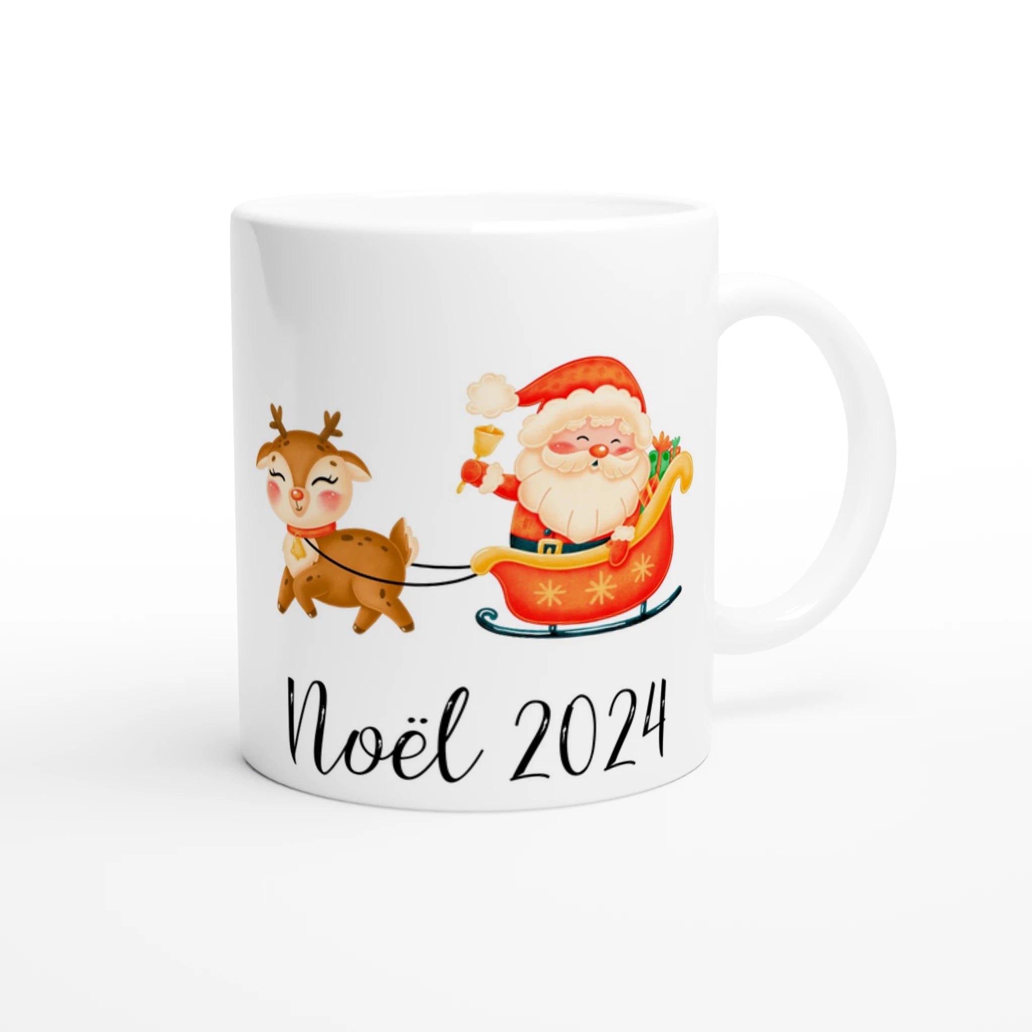 Mug prénom enfant avec renne et Père Noël, intérieur blanc, cadeau parfait pour Noël 2024.