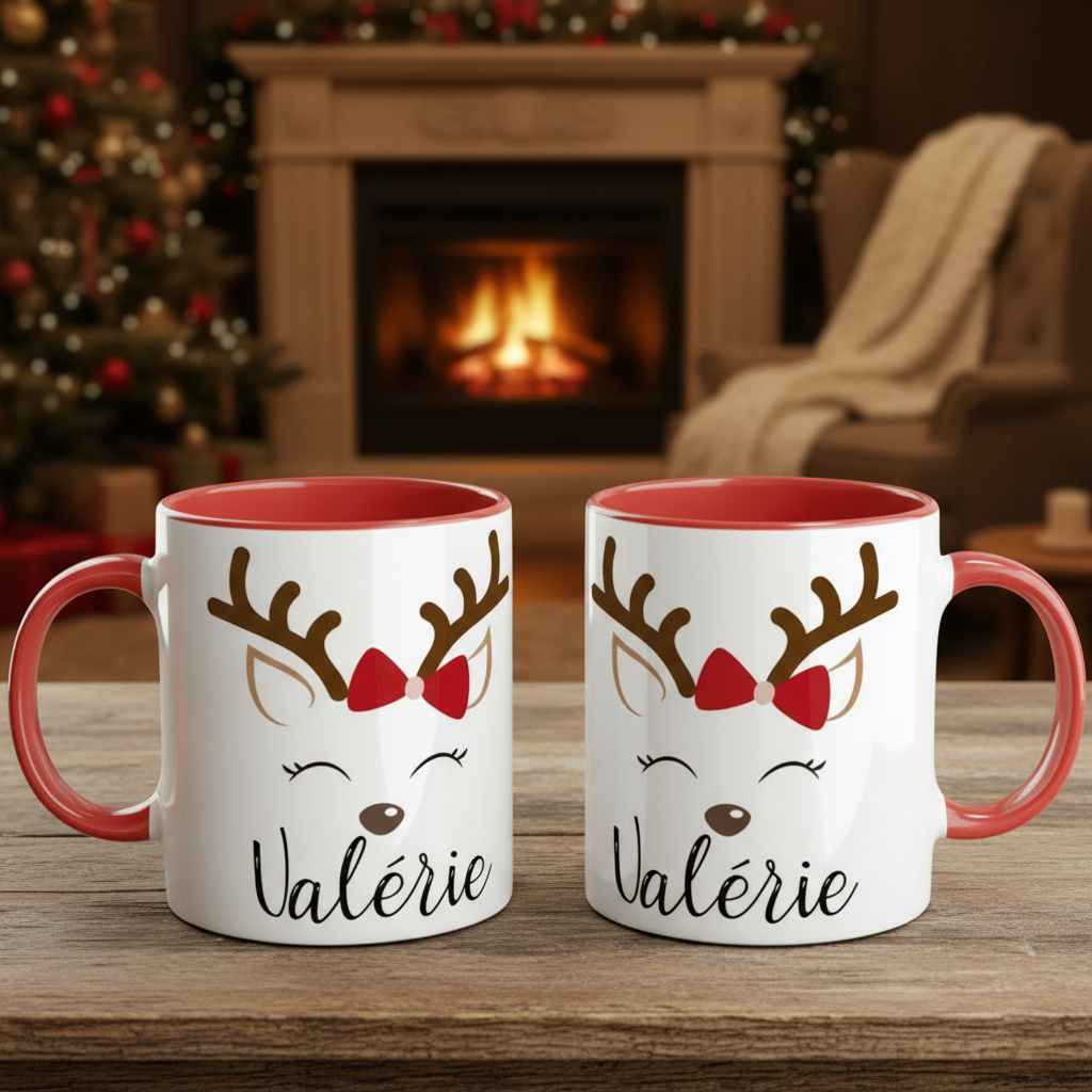 Mug de Noël personnalisé avec motif renne dans une ambiance chaleureuse