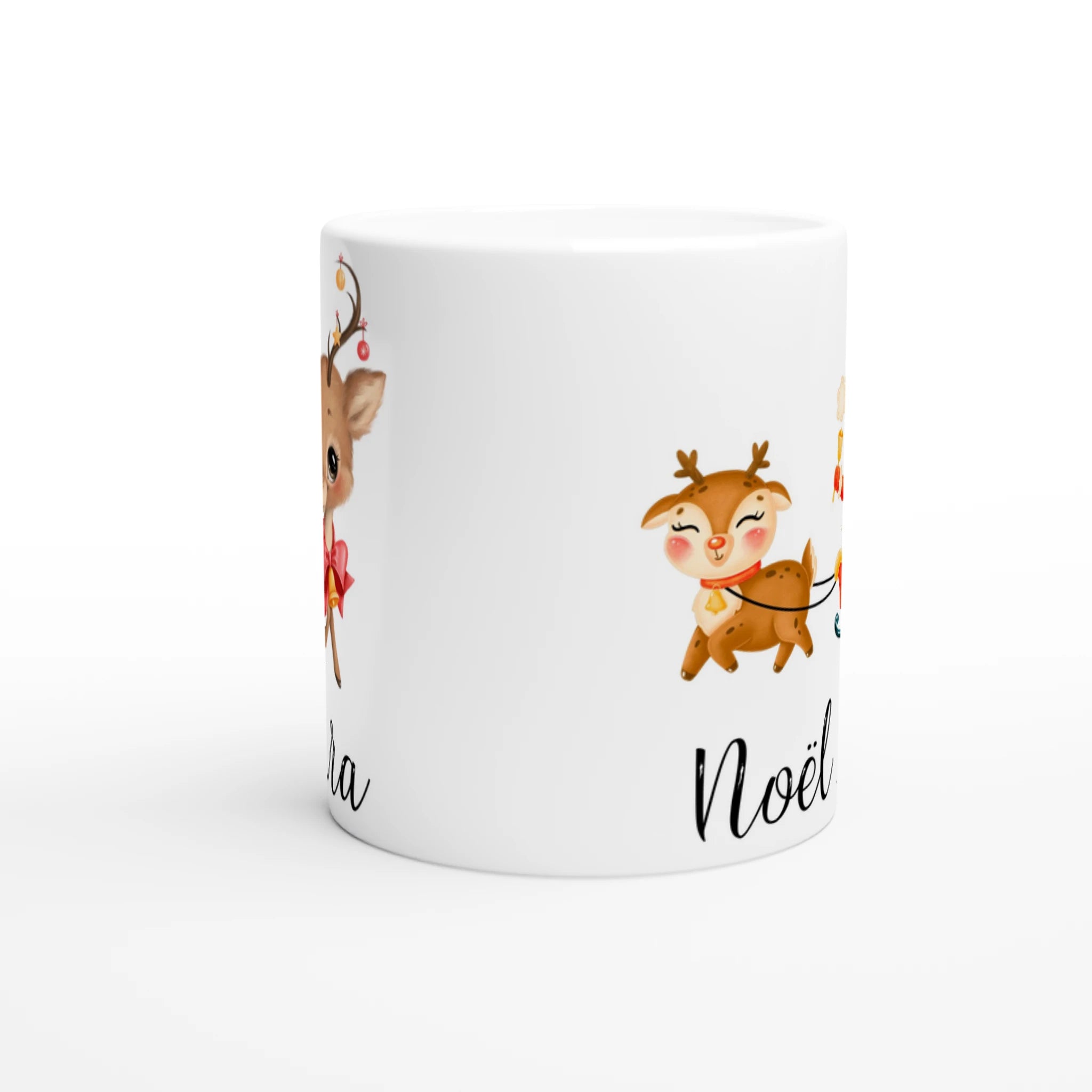 Mug prénom enfant avec renne et Père Noël, intérieur blanc, cadeau parfait pour Noël 2024.