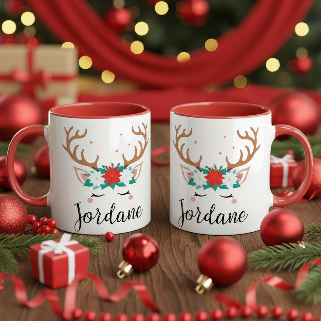 mug de noël personnalisé avec renne et décoration festive rouge