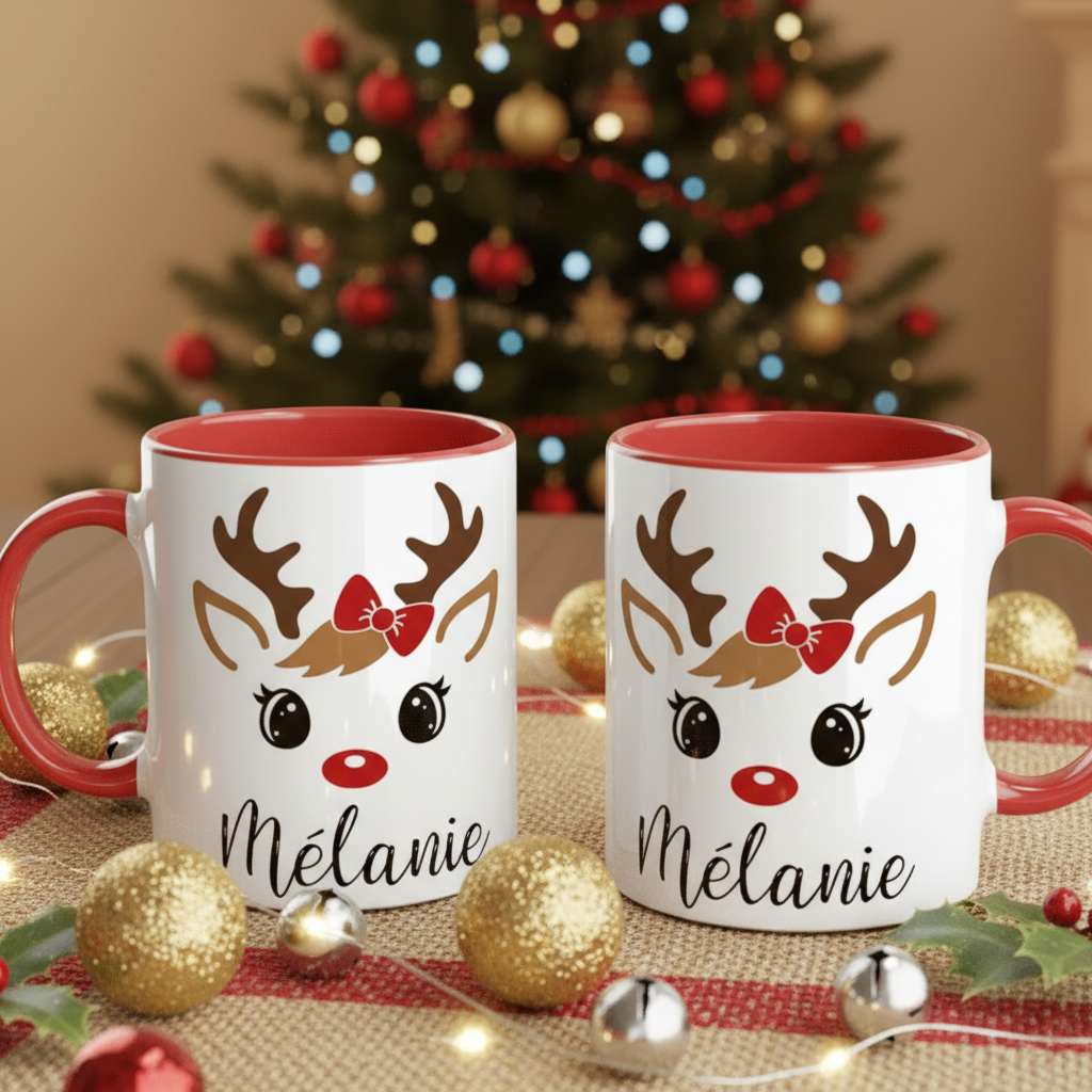 mug de noël personnalisé avec renne sur table festive