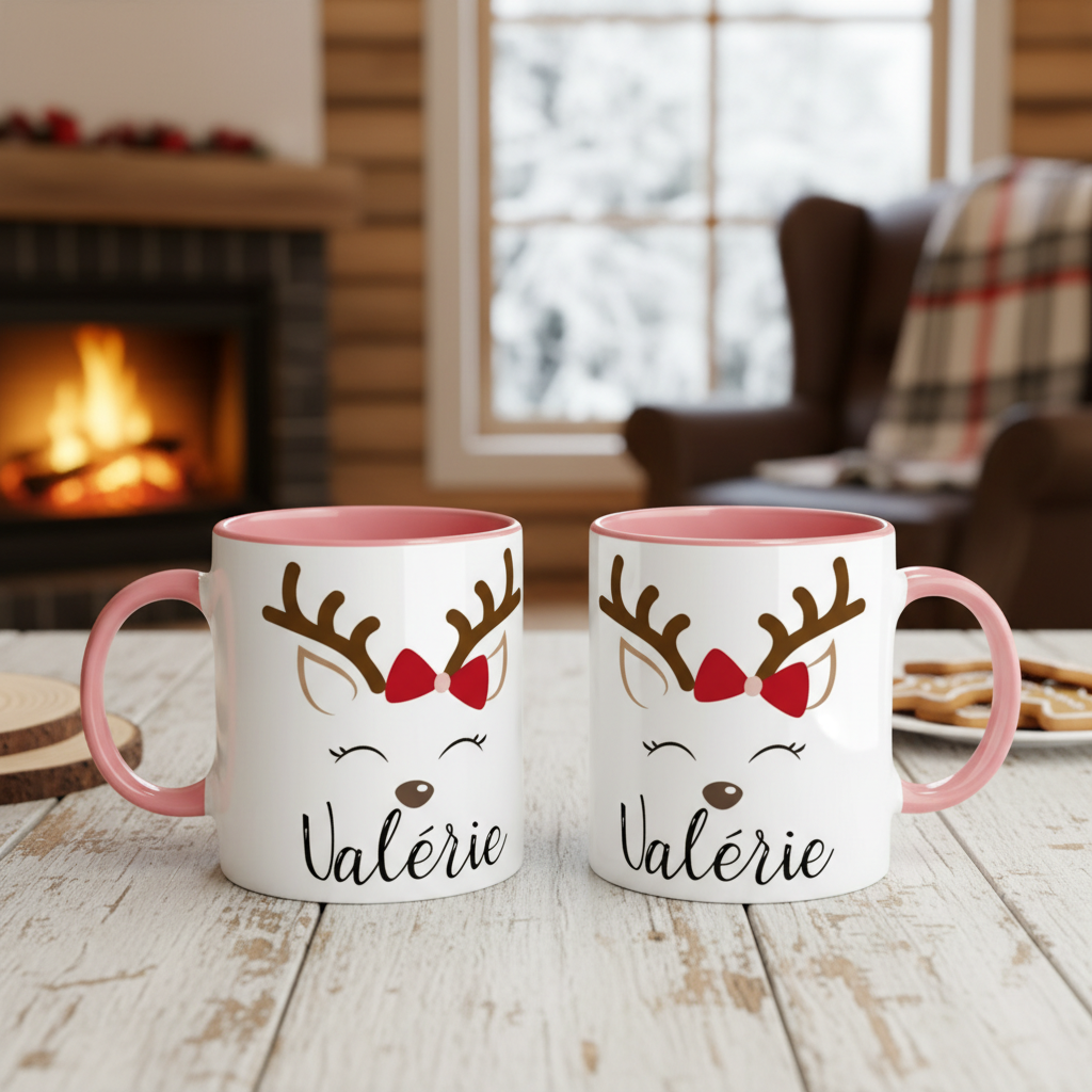 Mug de Noël personnalisé renne avec poignée et intérieur colorés