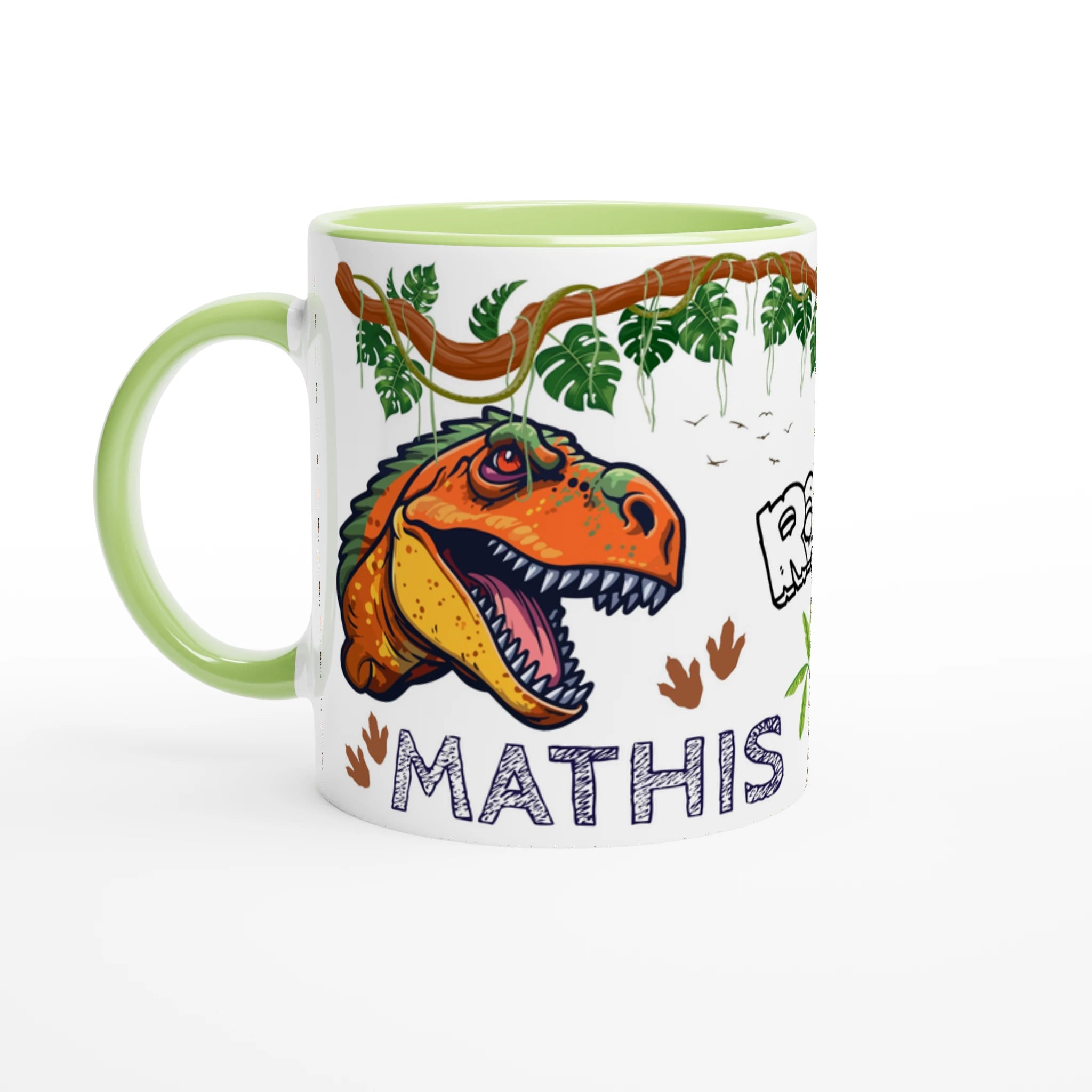 Mug personnalisé avec motif dinosaure T-Rex, intérieur vert, cadeau idéal pour enfant.