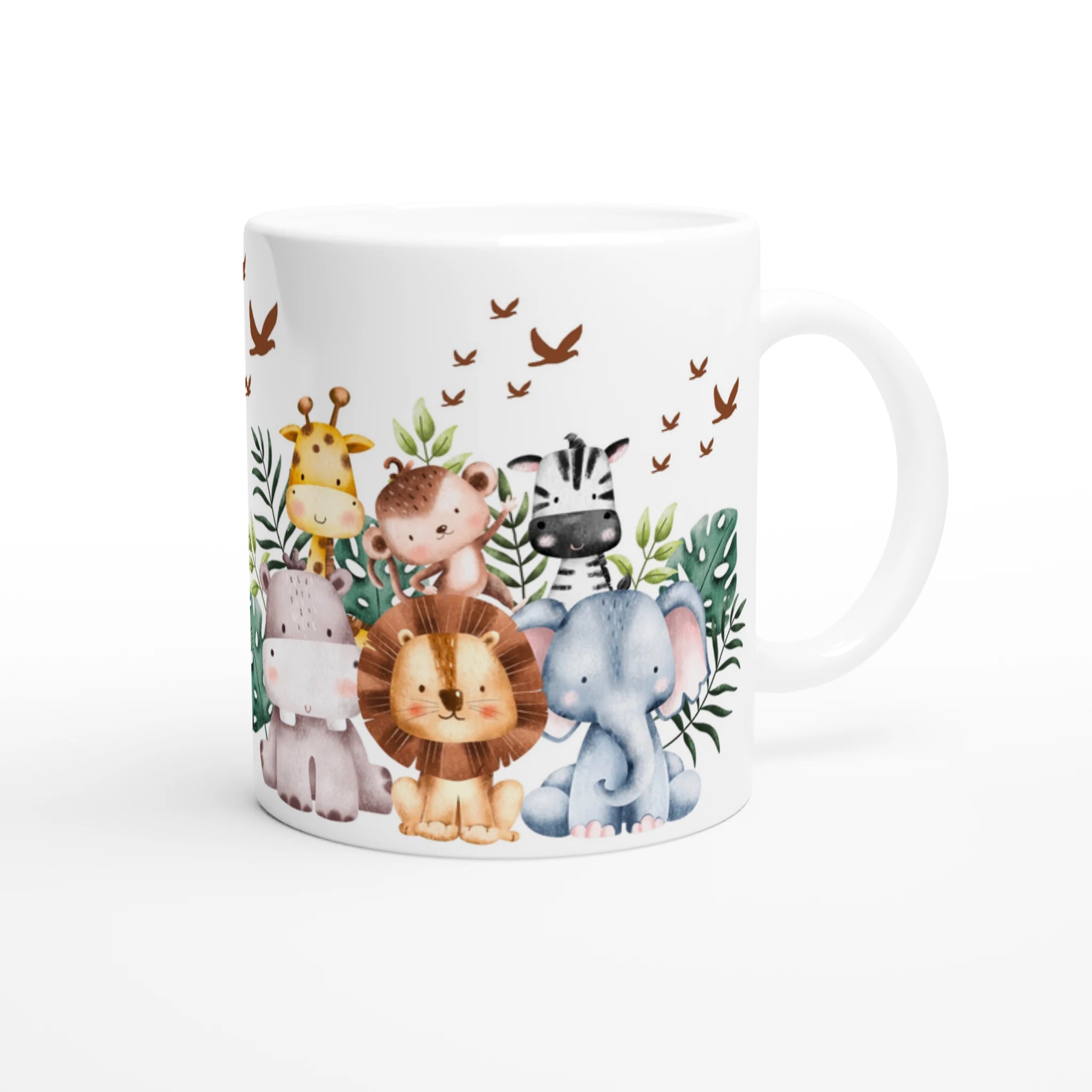 Mug personnalisé tout blanc avec un lion adorable et ses amis de la savane, parfait pour un cadeau unique et attendrissant.