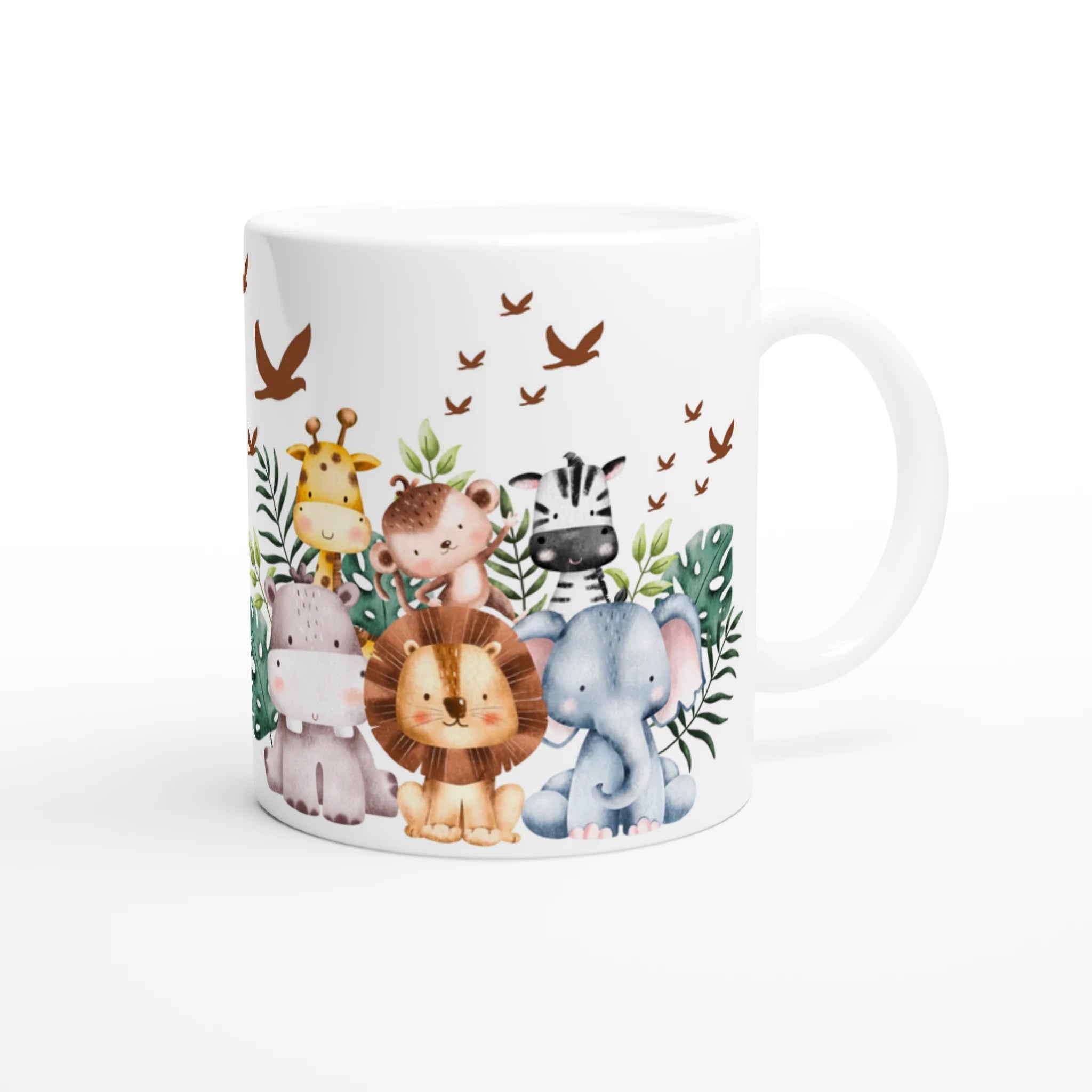 Mug personnalisé tout blanc avec un petit singe adorable et ses amis de la savane, parfait pour un cadeau original et ludique.