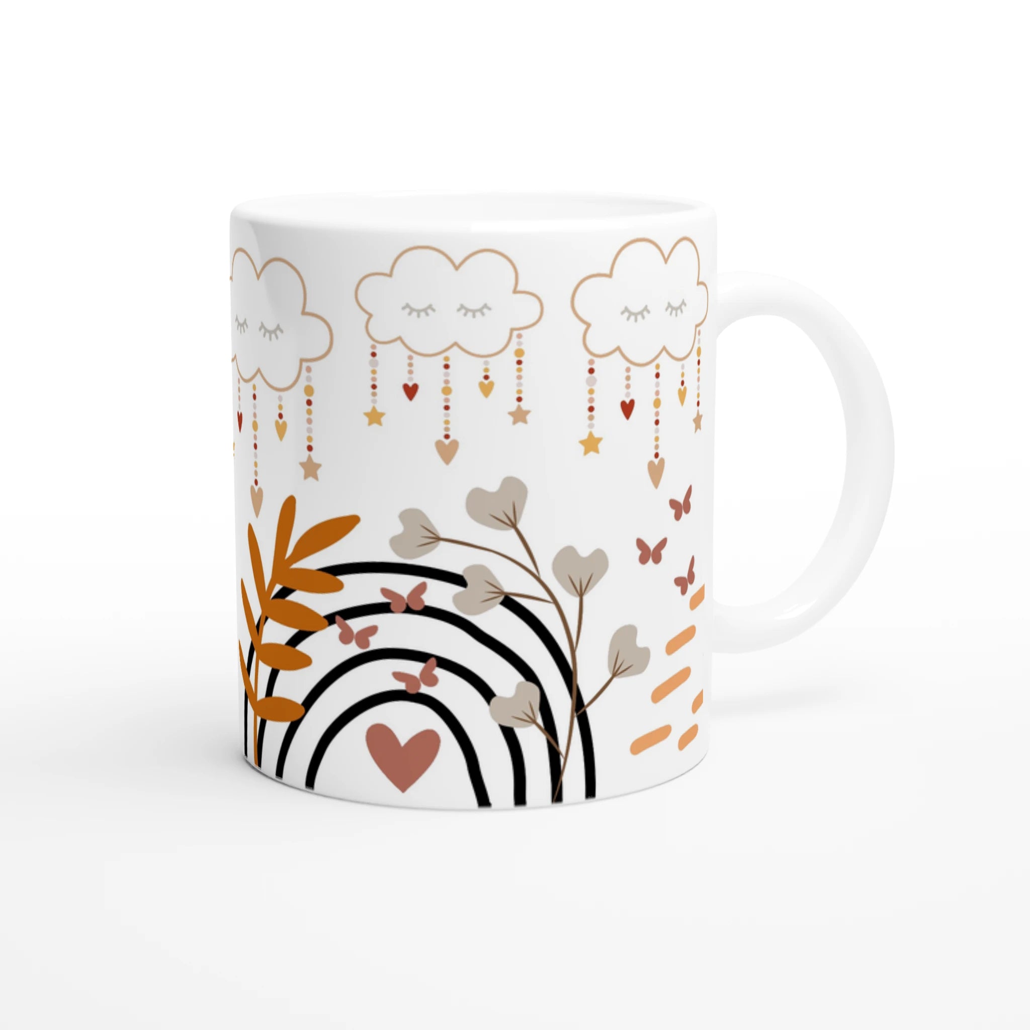 Mug personnalisé tout blanc avec arc-en-ciel bohème et message "love", idéal pour un cadeau chaleureux et inspirant.