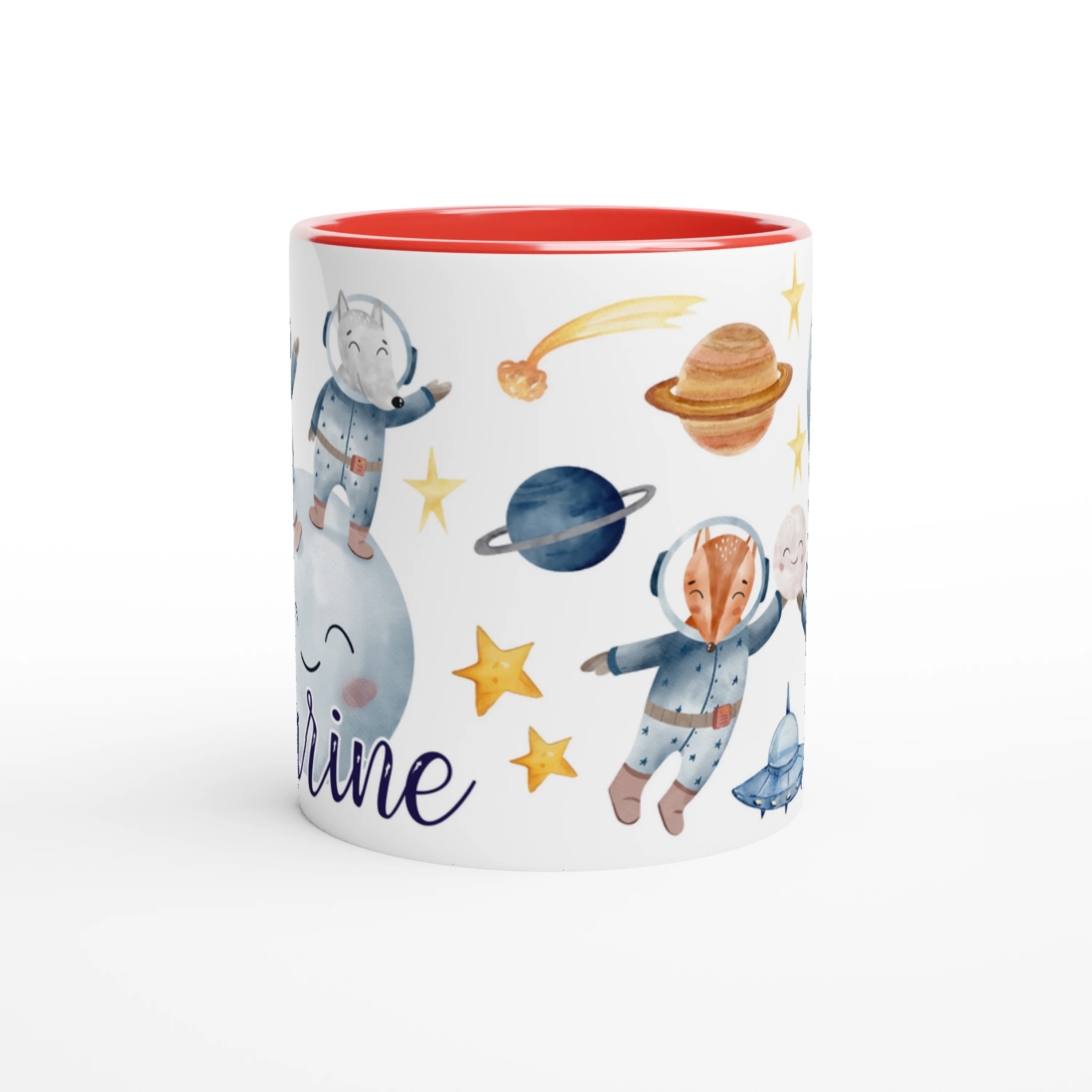 Mug personnalisé avec lapins flottant parmi les étoiles, intérieur rouge, parfait pour un cadeau dynamique et unique.