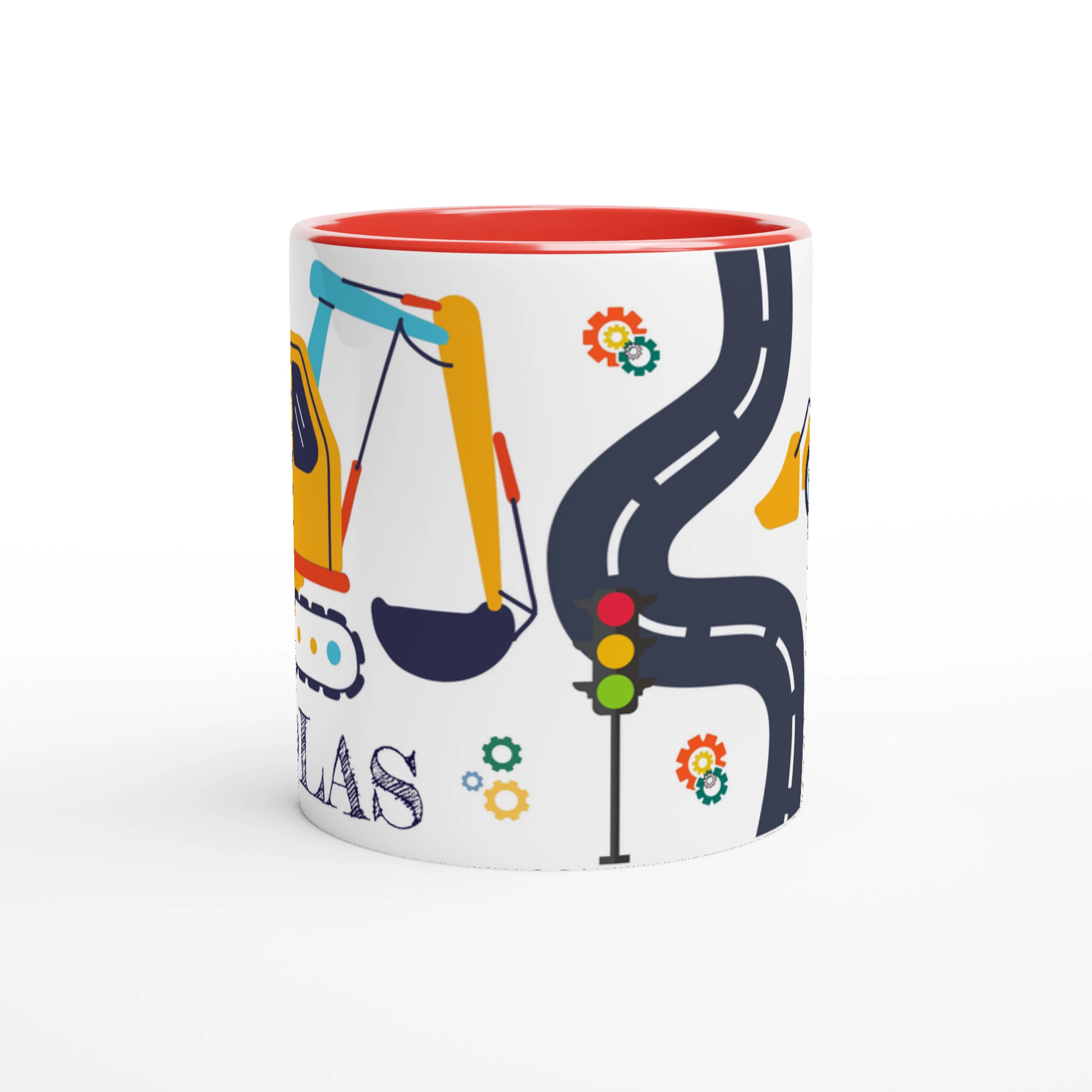Mug personnalisé avec tracteur, pelleteuse et routes en dessin détaillé, intérieur rouge, parfait pour un cadeau unique et dynamique.