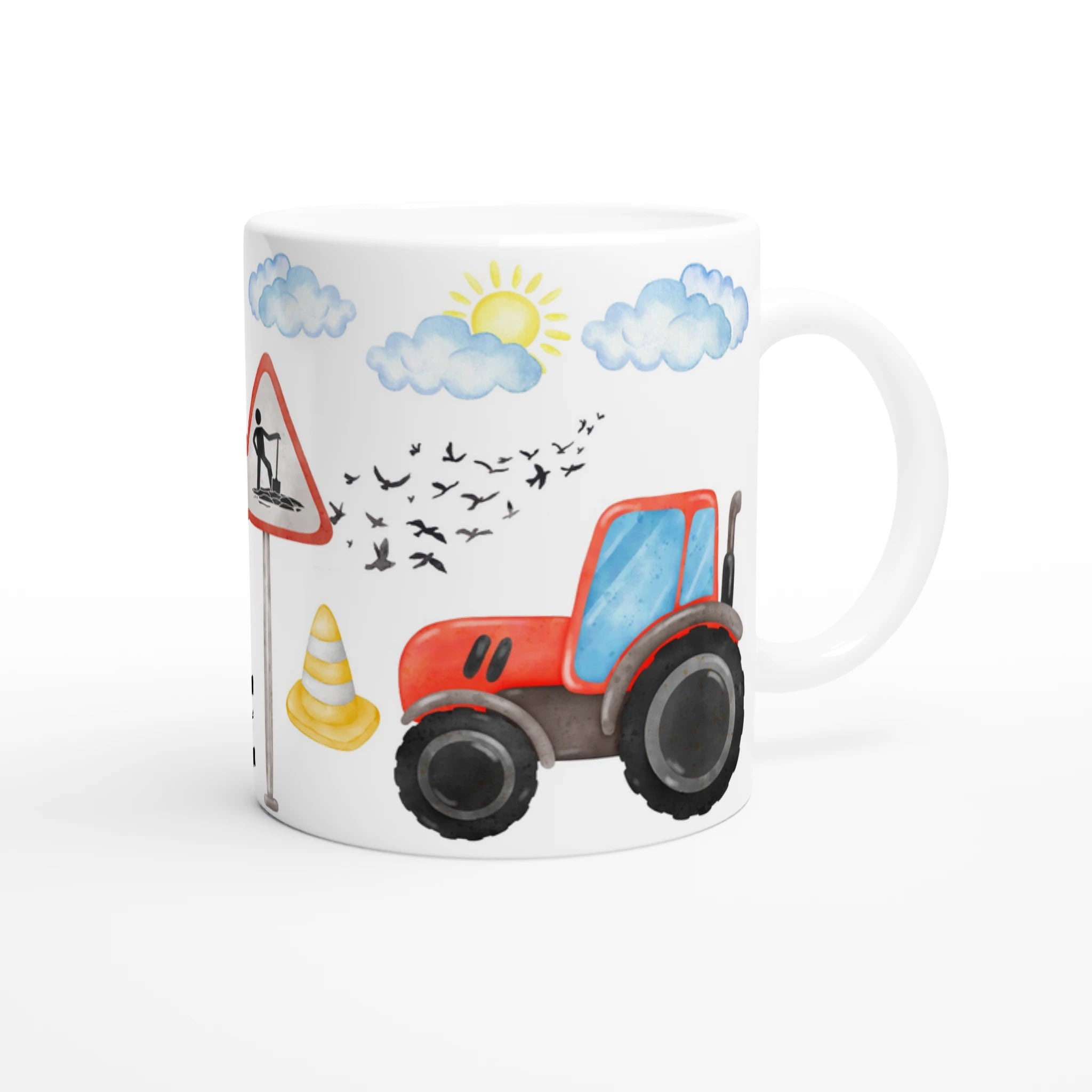 Mug personnalisé tout blanc avec camions de chantier et tracteurs en aquarelle, parfait pour un cadeau ludique et original.
