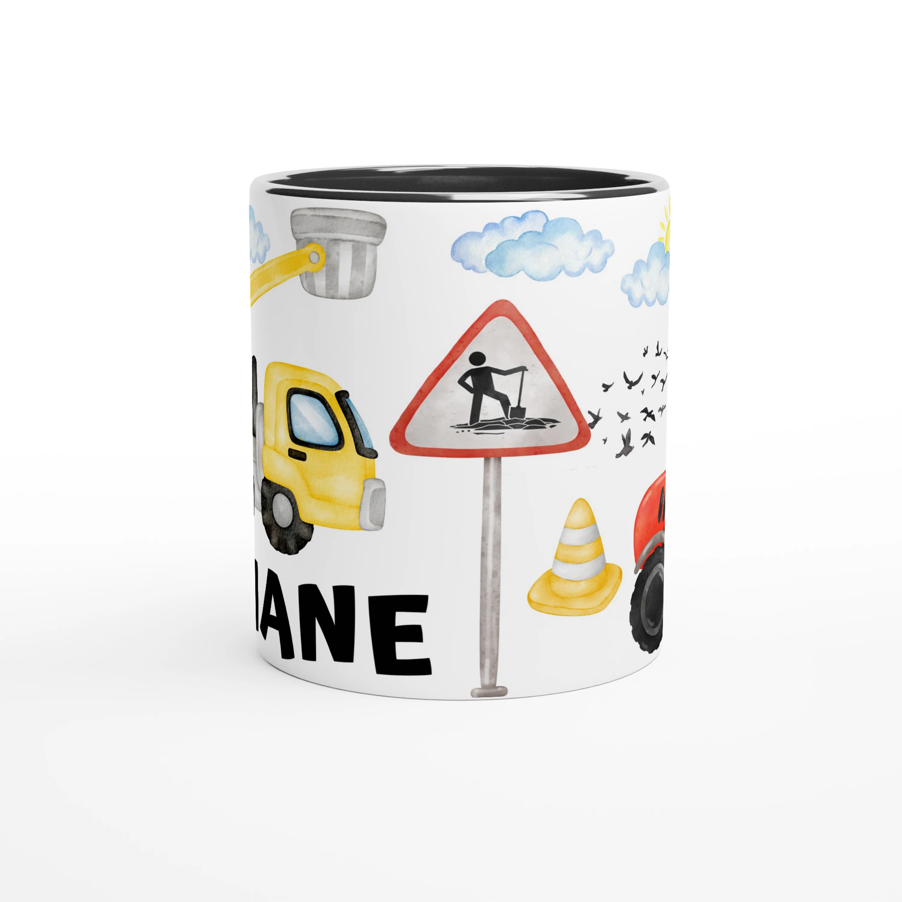 Mug personnalisé avec grue, tracteur et panneaux de signalisation, intérieur noir, pour une touche moderne et contrastée.