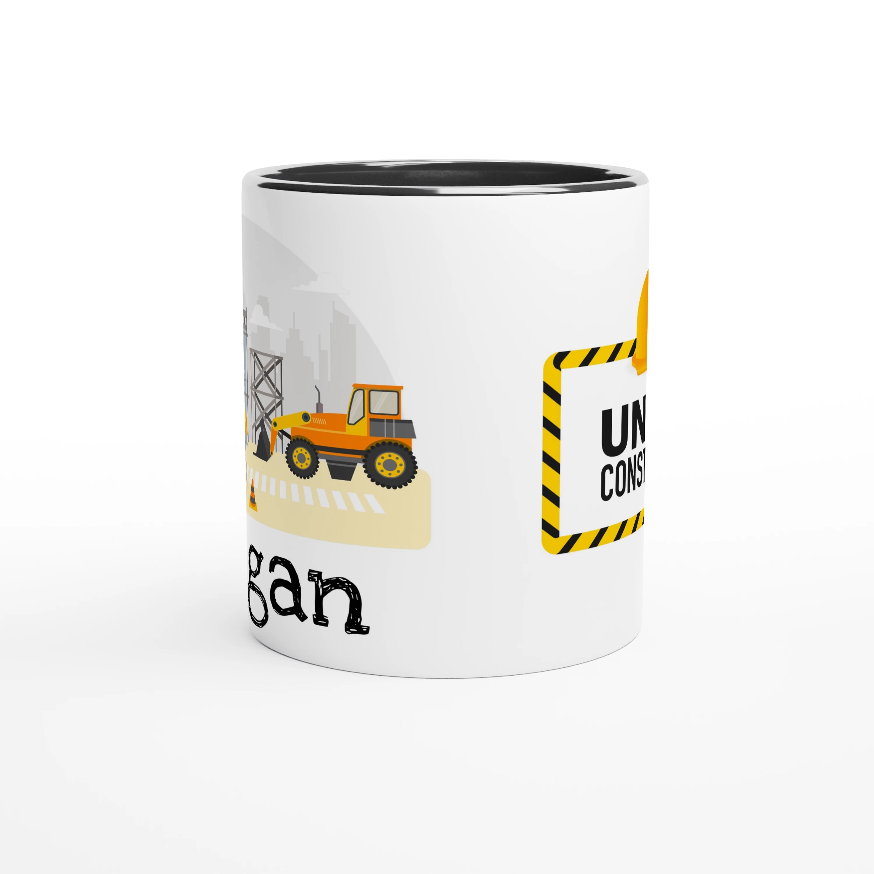 Mug personnalisé avec chantier, grues et panneaux de signalisation, intérieur noir, parfait pour un cadeau moderne et unique.