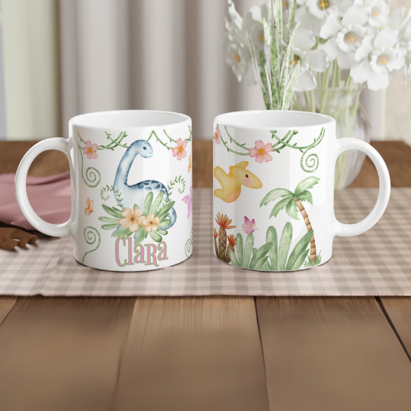 Mug personnalisable avec dinosaures aquarelle et végétation tropicale