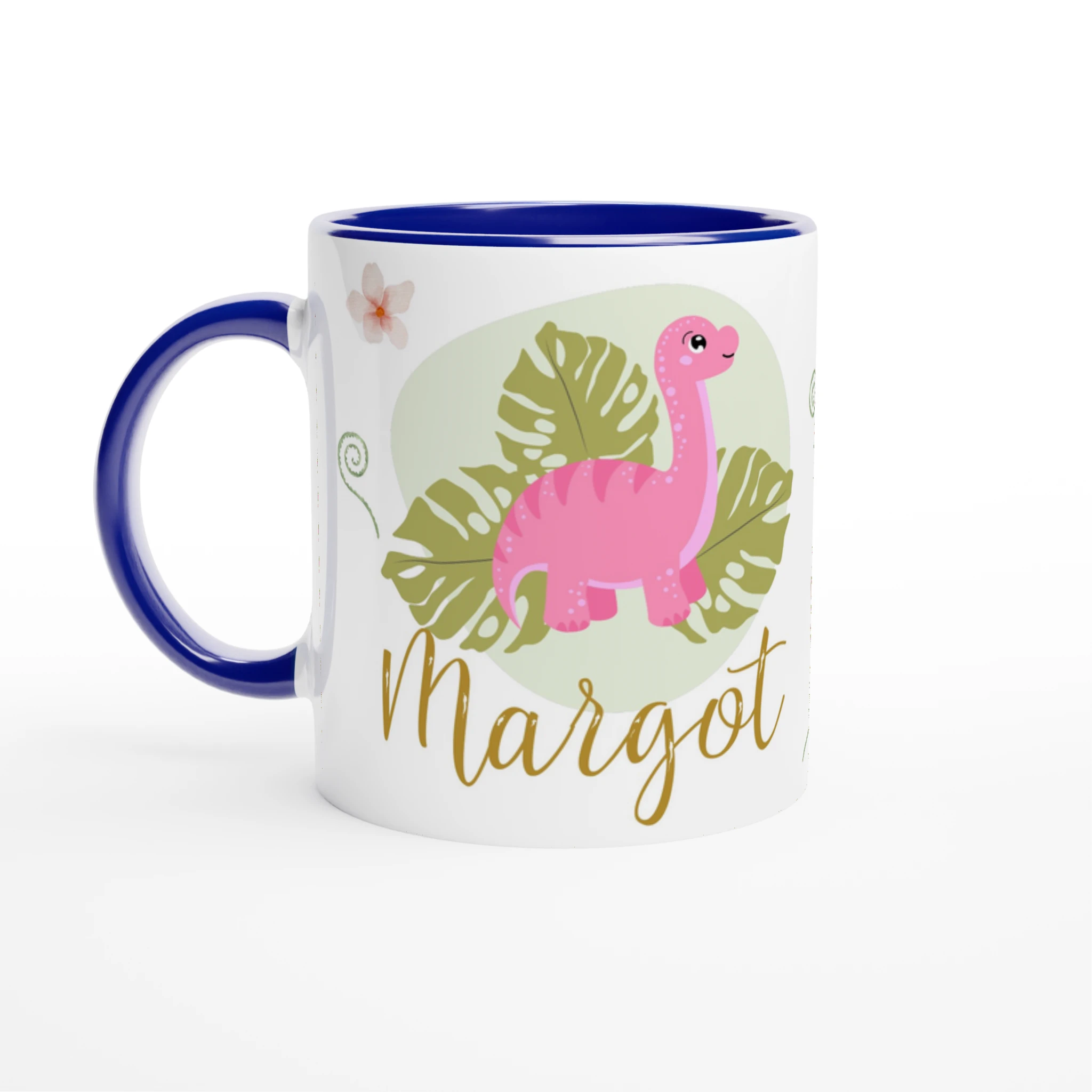 Mug personnalisé avec dinosaure rose, intérieur bleu, parfait comme cadeau original pour les fans de dinosaures.
