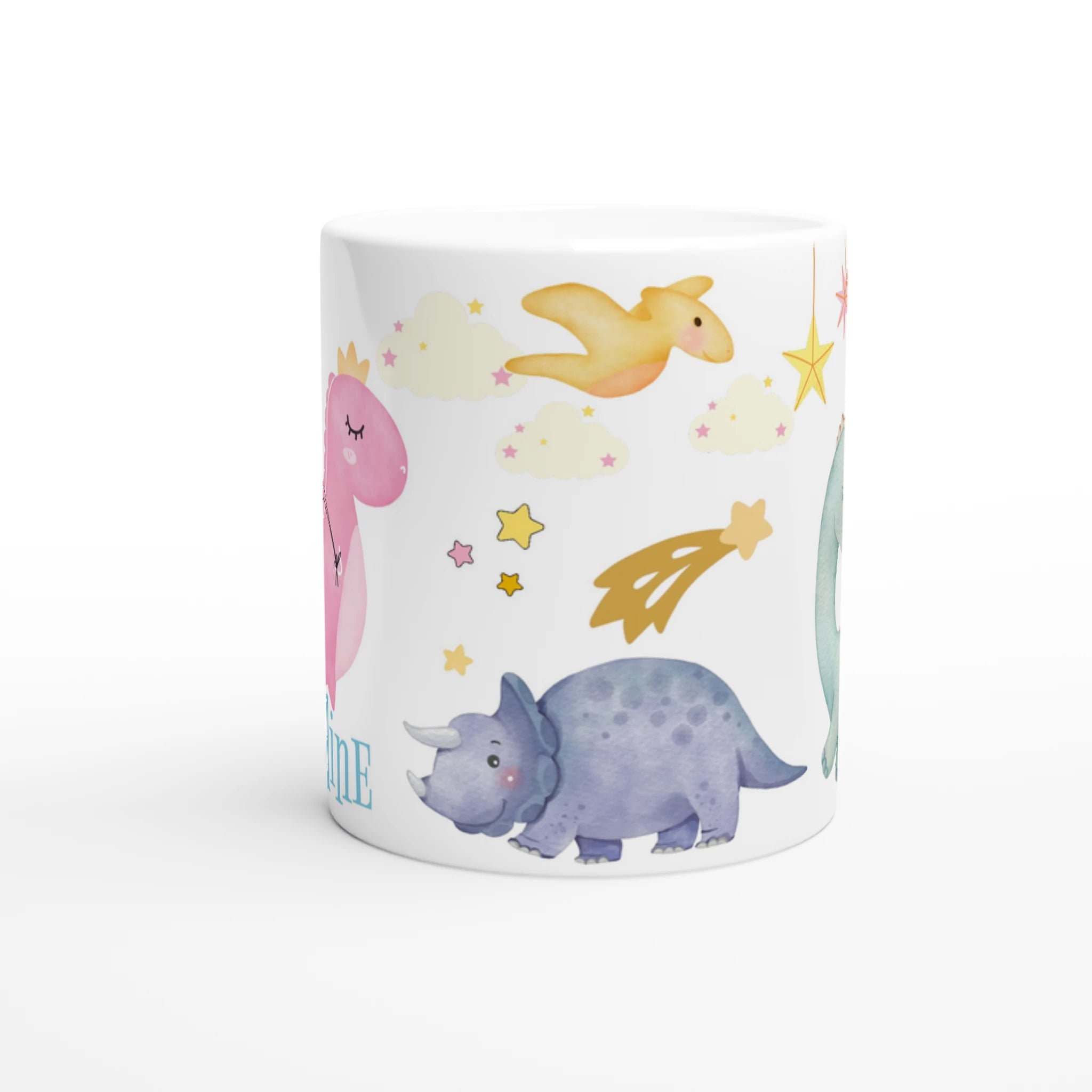 Mug personnalisable avec motif dinosaure rose et intérieur coloré, disponible en blanc et six autres coloris.