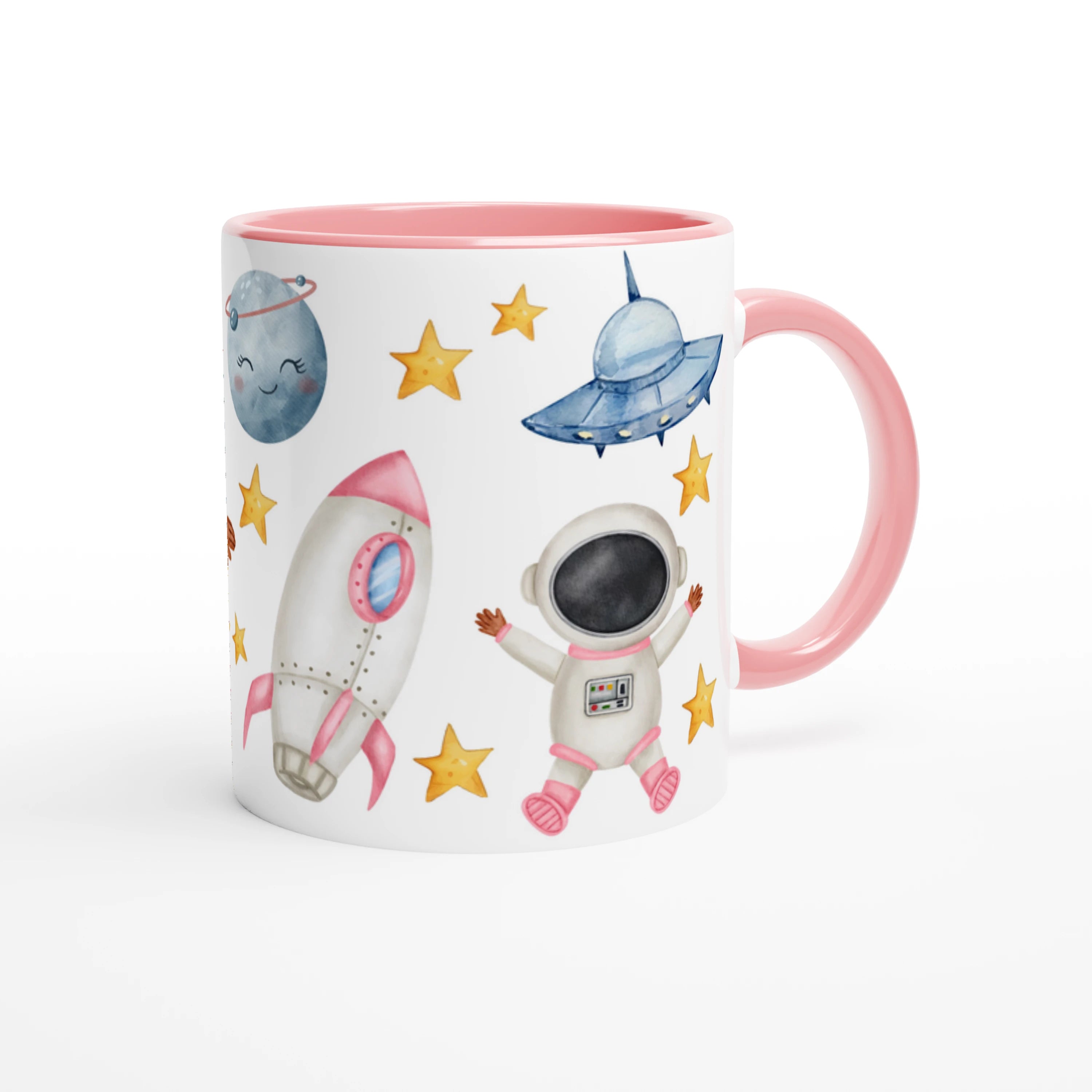 Tasse personnalisée avec exploratrice de l’espace et fusée rose, intérieur rose, idéale pour un cadeau féerique.