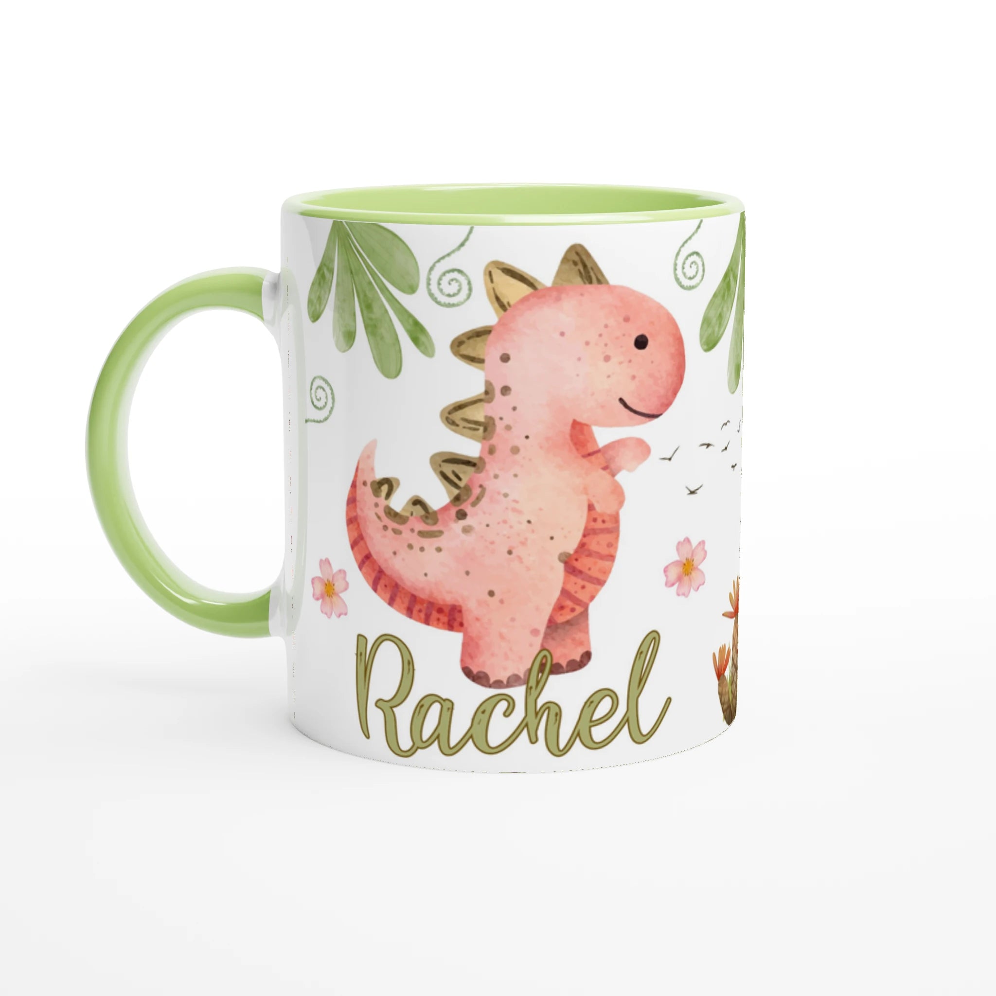 Mug personnalisé avec motif dinosaure et prénom, intérieur vert, parfait pour les petits fans de dinosaures.