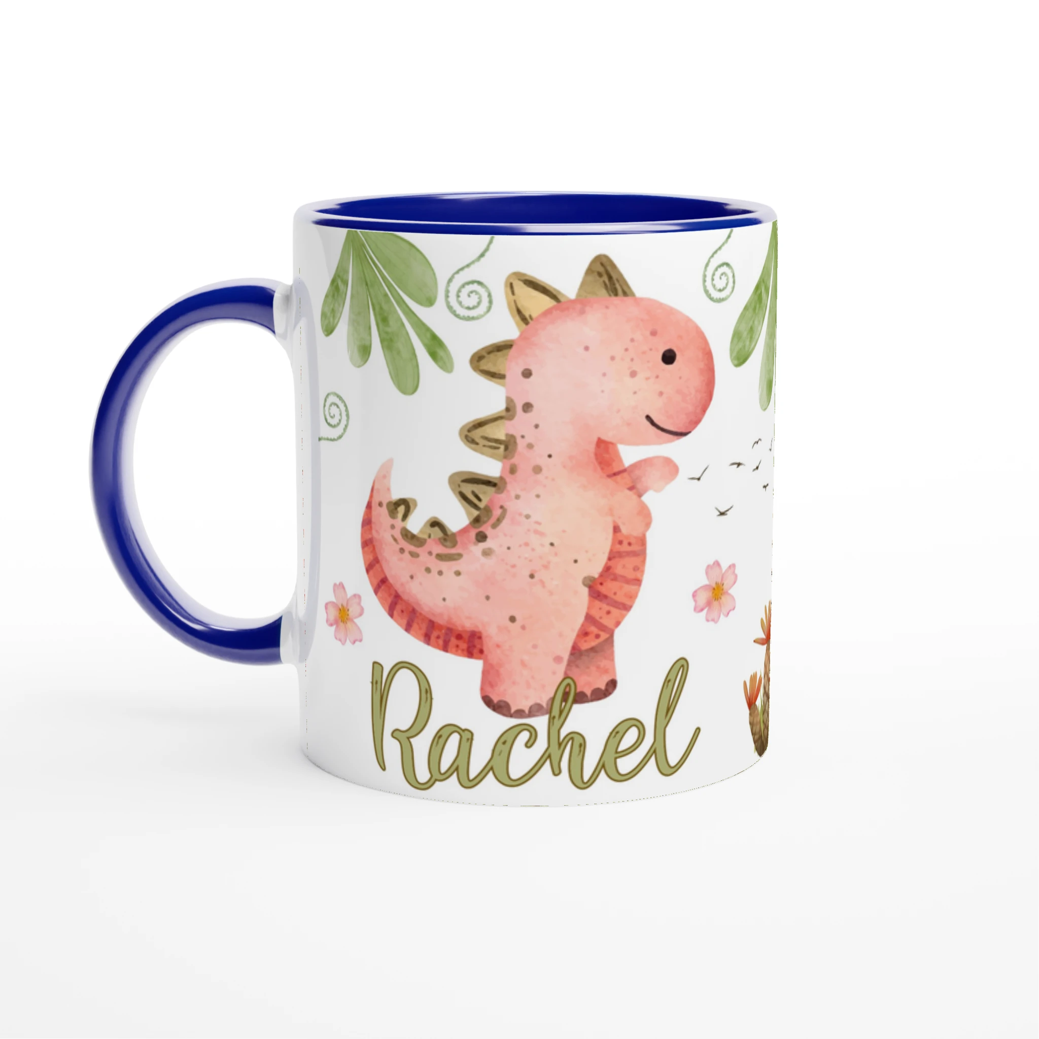 Mug personnalisé avec motif dinosaure et prénom, intérieur bleu, parfait pour les petits fans de dinosaures.