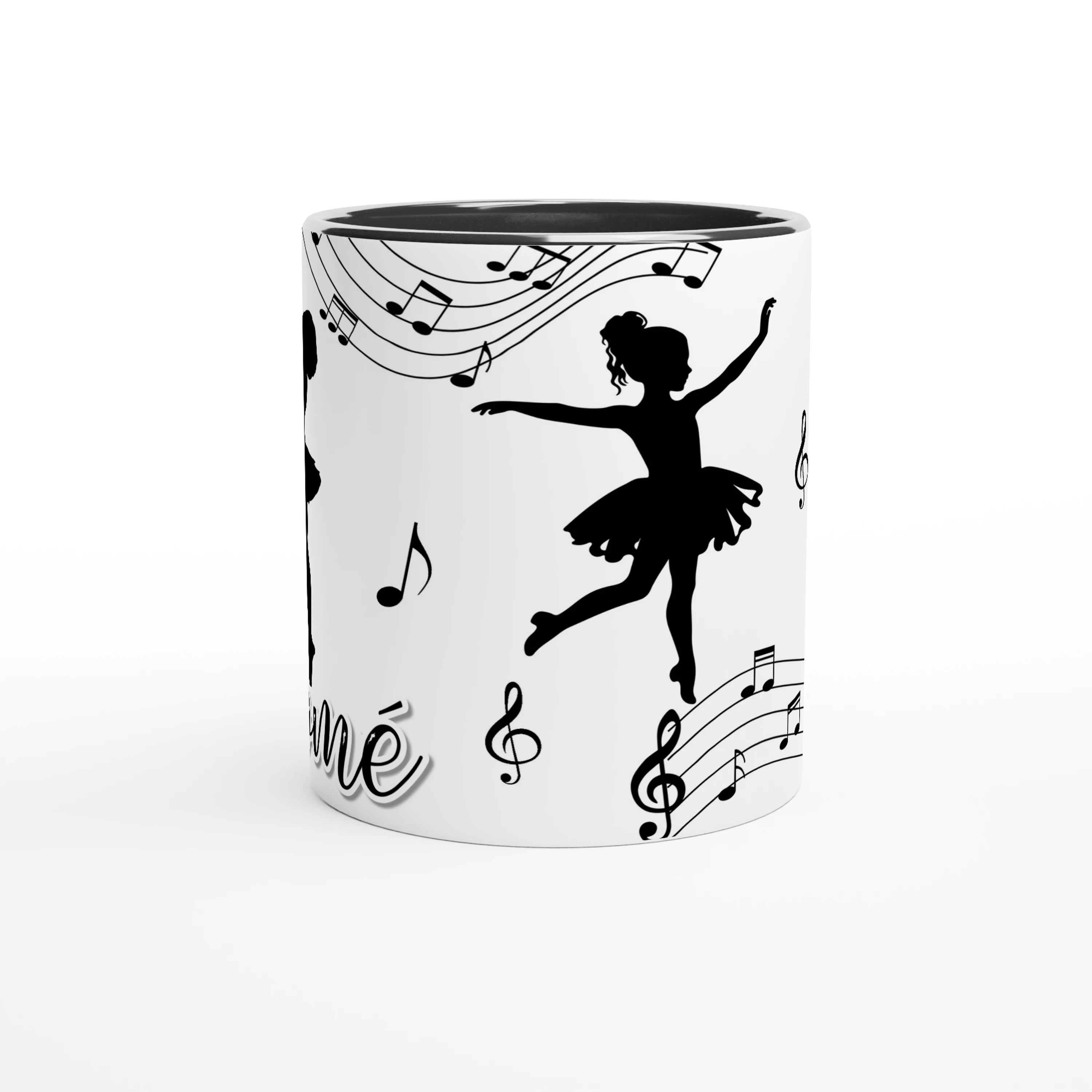 Tasse personnalisable avec prénom et motifs de danseuse classique et musique, intérieur noir, parfait pour un cadeau chic et élégant.