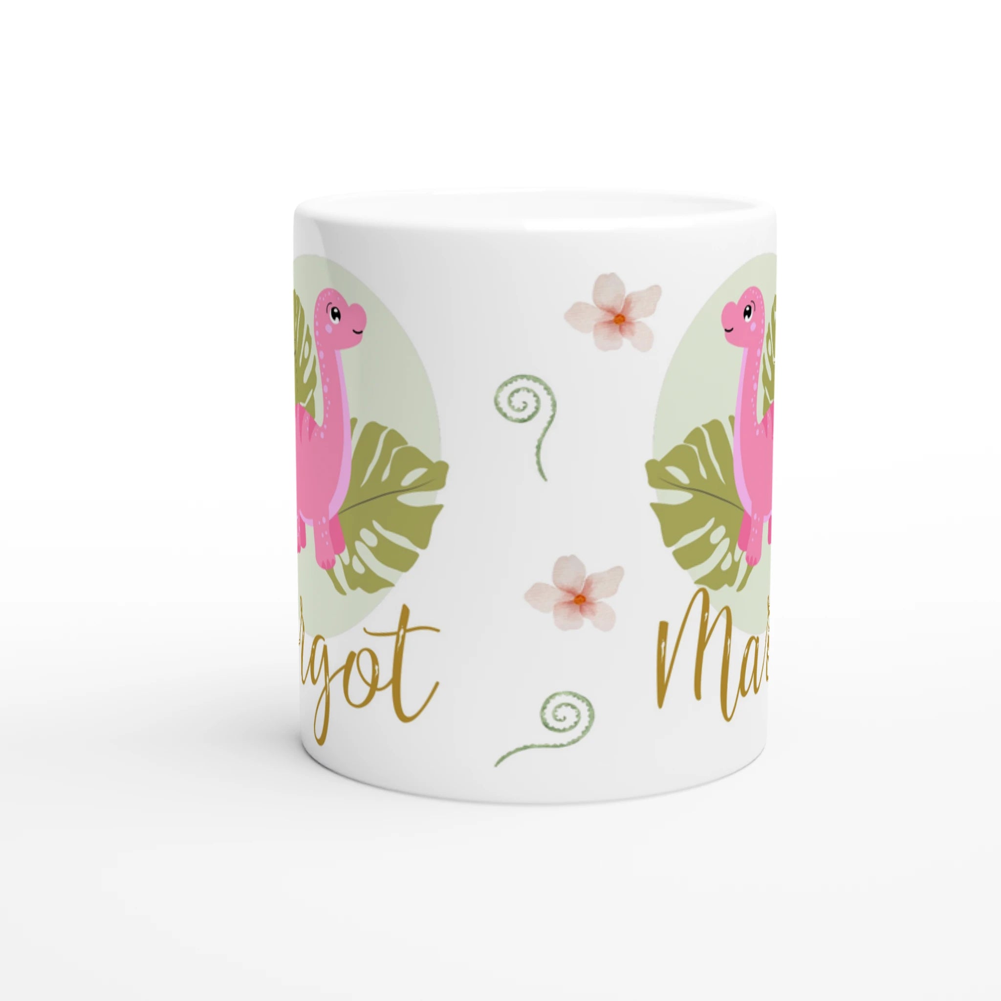 Tasse personnalisée avec dinosaure rose et feuillages vert tropical