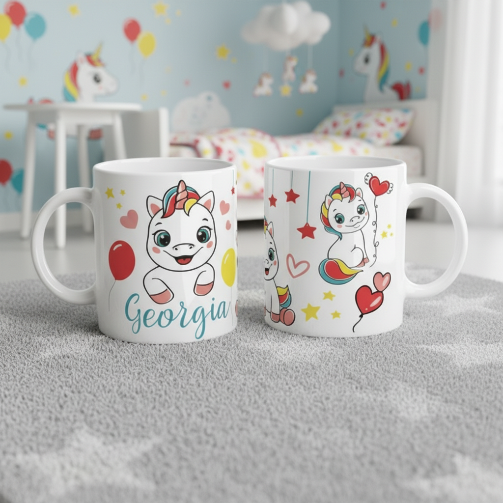 Mug personnalisable licorne arc-en-ciel avec prénom enfant, décor féérique aux cœurs, étoiles et ballons, idée cadeau fille originale.