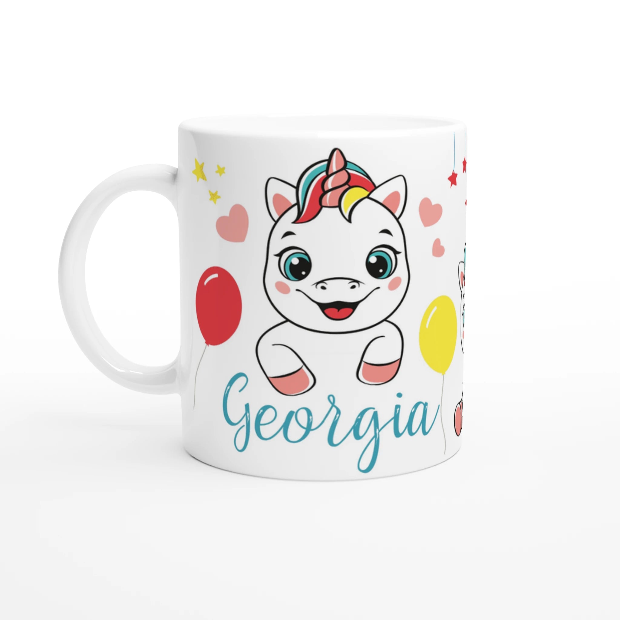 Mug personnalisé tout blanc avec licorne joyeuse et ballons colorés, idéal pour un cadeau enfant féerique et original.
