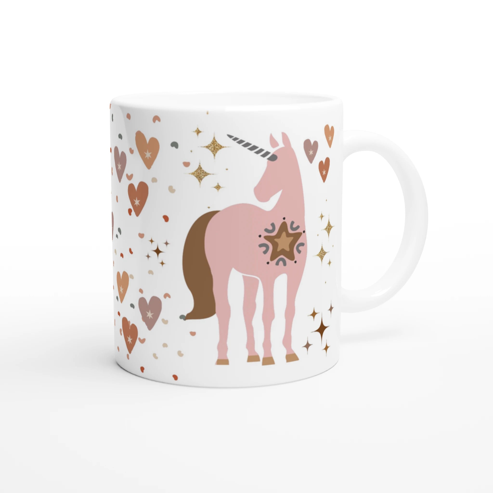 Mug personnalisé tout blanc avec licorne bohème et étoiles scintillantes, idéal pour un cadeau féerique et élégant.