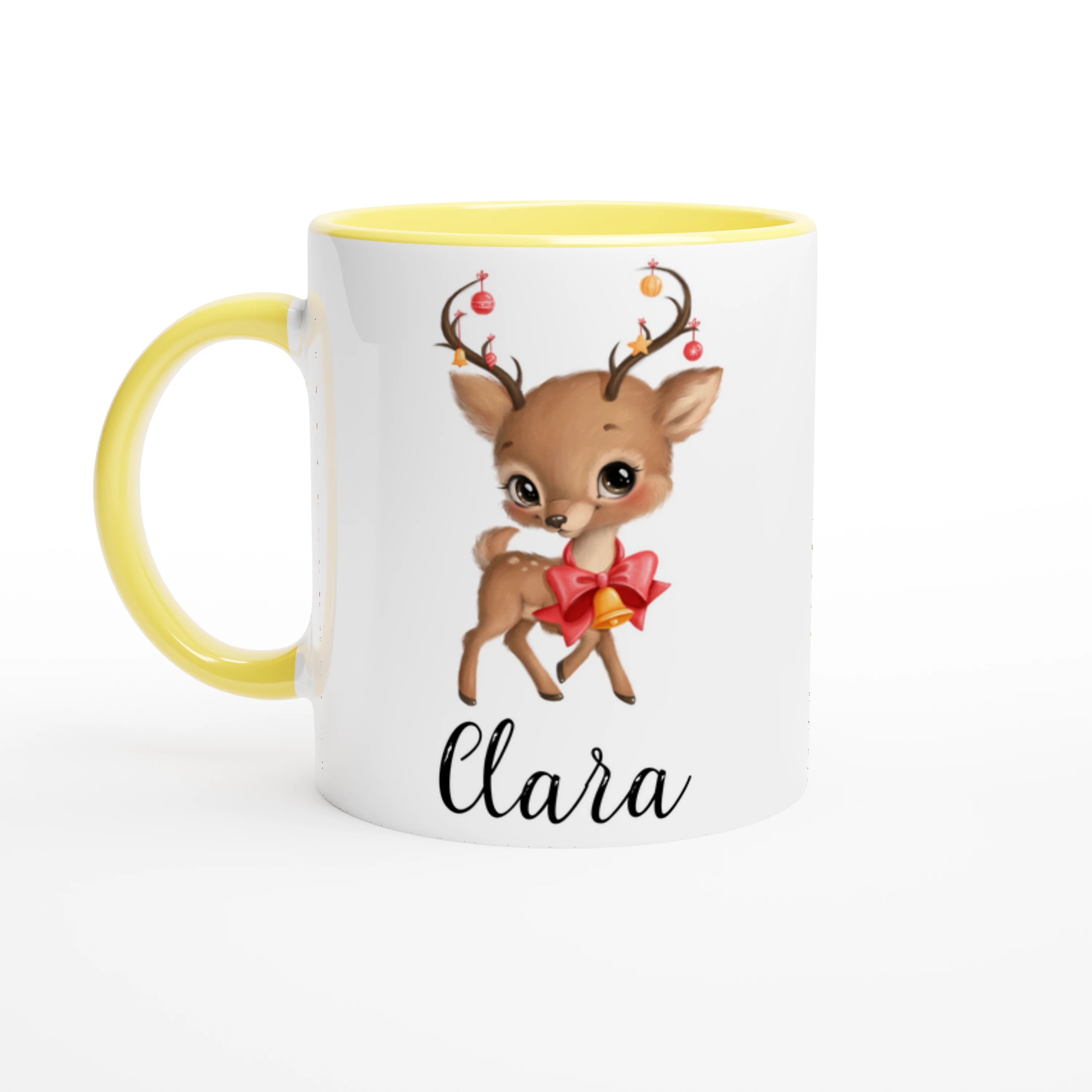 Tasse de Noël personnalisée avec un renne et le Père Noël, intérieur jaune, une touche chaleureuse et lumineuse pour les fêtes.