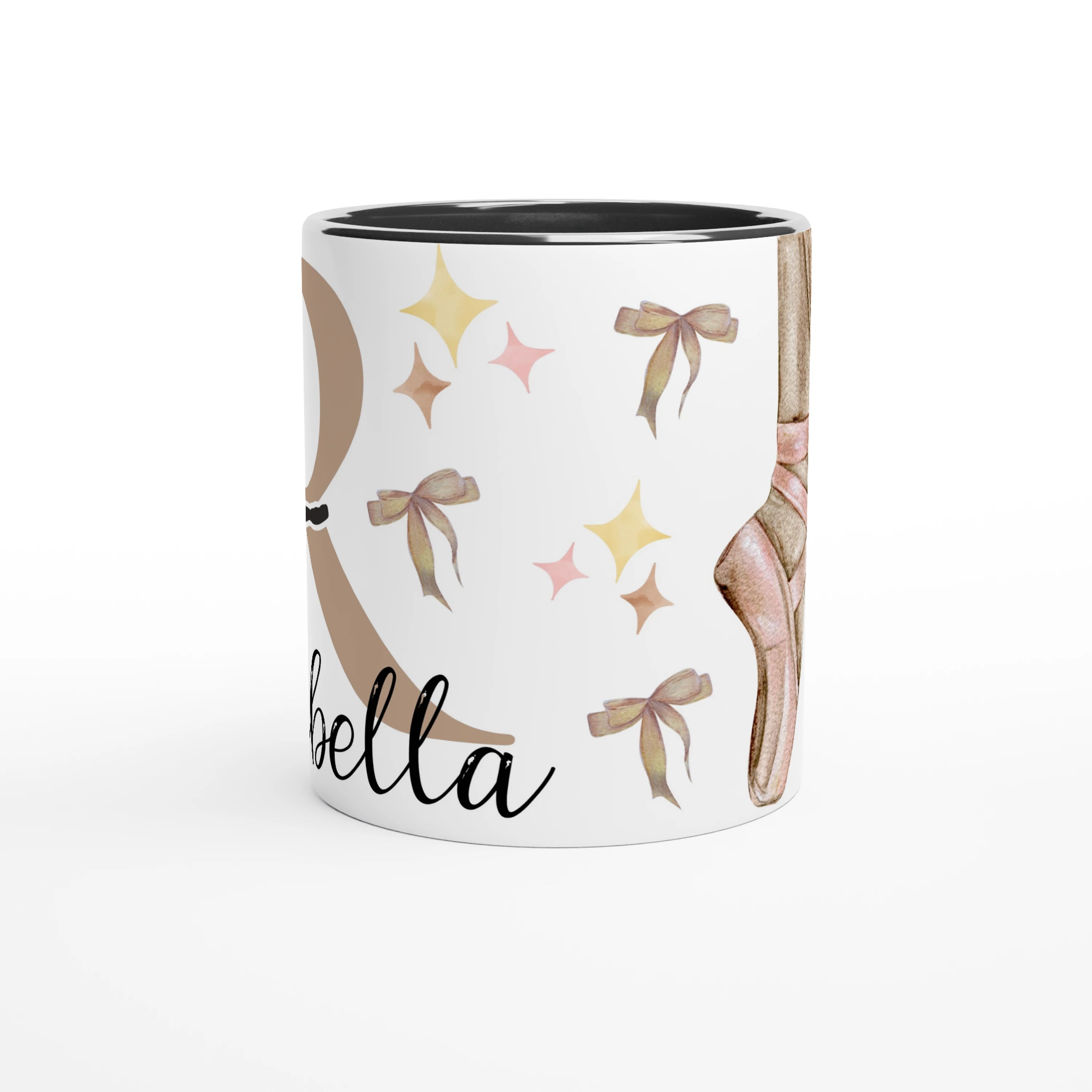 Mug personnalisable tout blanc avec prénom et design de ballerine et pointes, intérieur noir, cadeau élégant pour une passionnée de ballet.