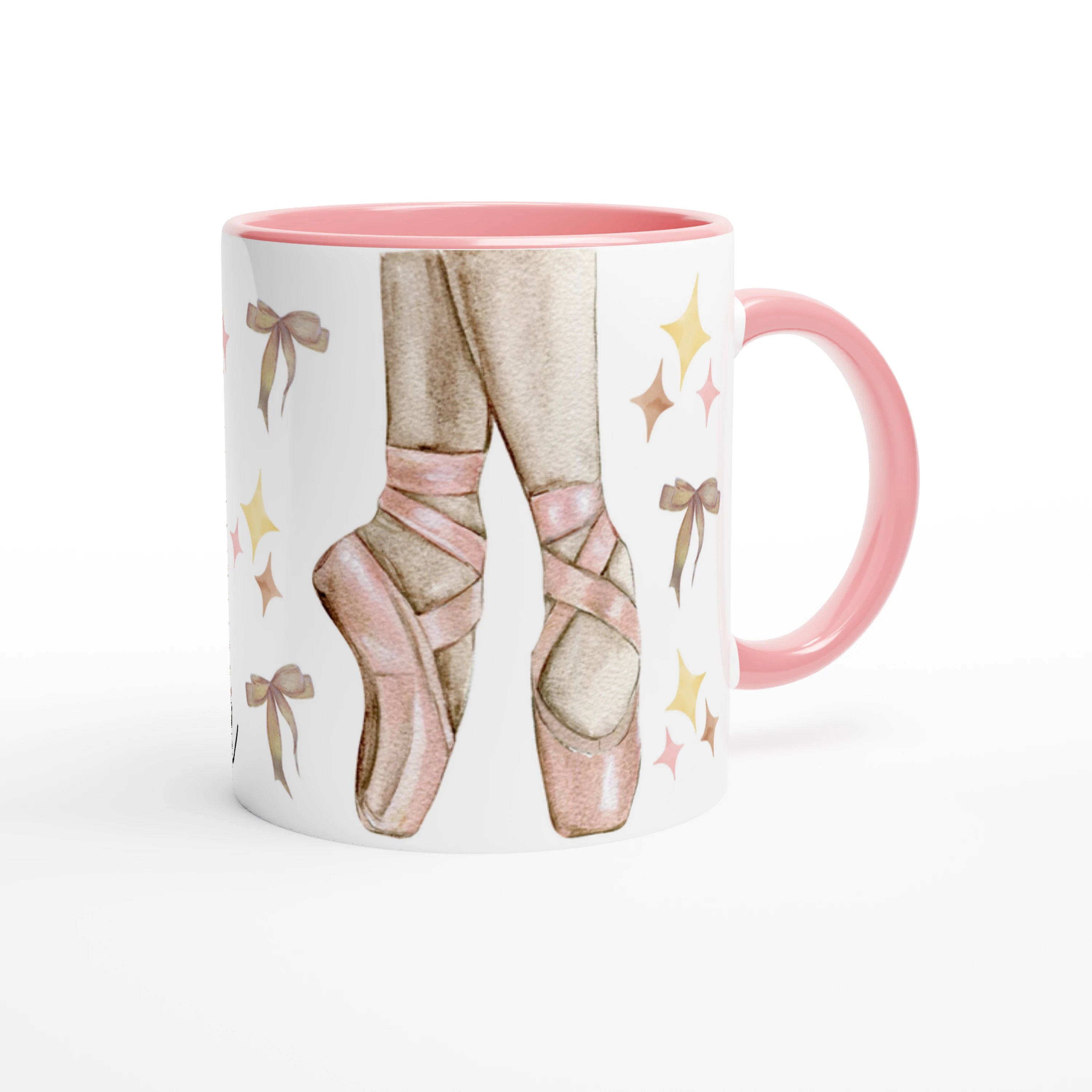 Mug personnalisé avec prénom et illustration de ballerine et pointes, intérieur rose, idéal comme cadeau pour une petite danseuse.
