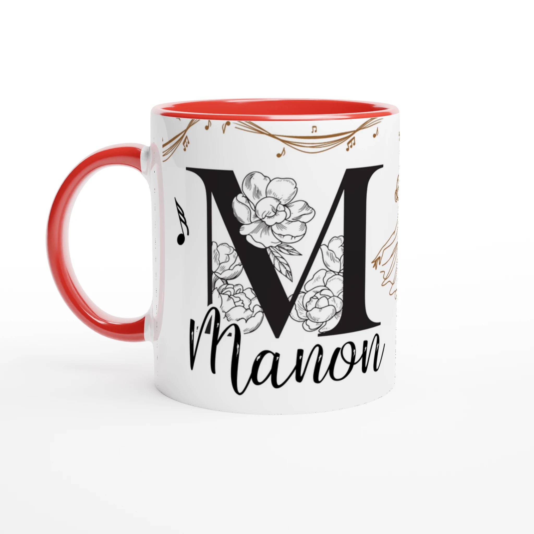 Mug personnalisé avec prénom, danseuse classique et notes de musique, intérieur rouge, parfait pour un cadeau unique pour une passionnée de ballet.