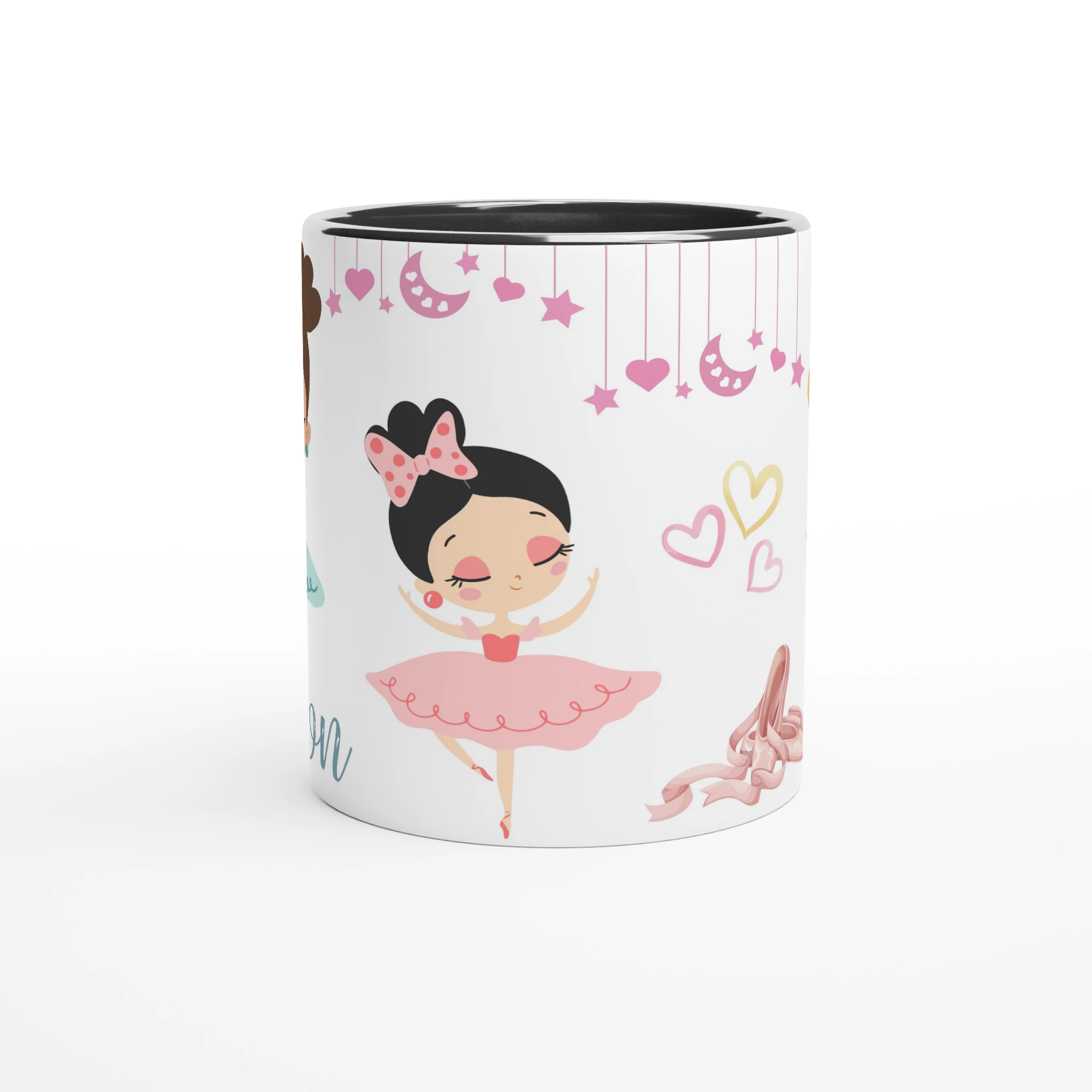 Mug prénom personnalisable avec danseuse en robe bleue, intérieur noir, parfait comme cadeau élégant pour une enfant passionnée de danse.