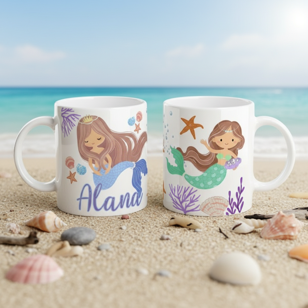 Mug personnalisable enfant avec illustrations de sirènes, créatures marines et prénom personnalisé