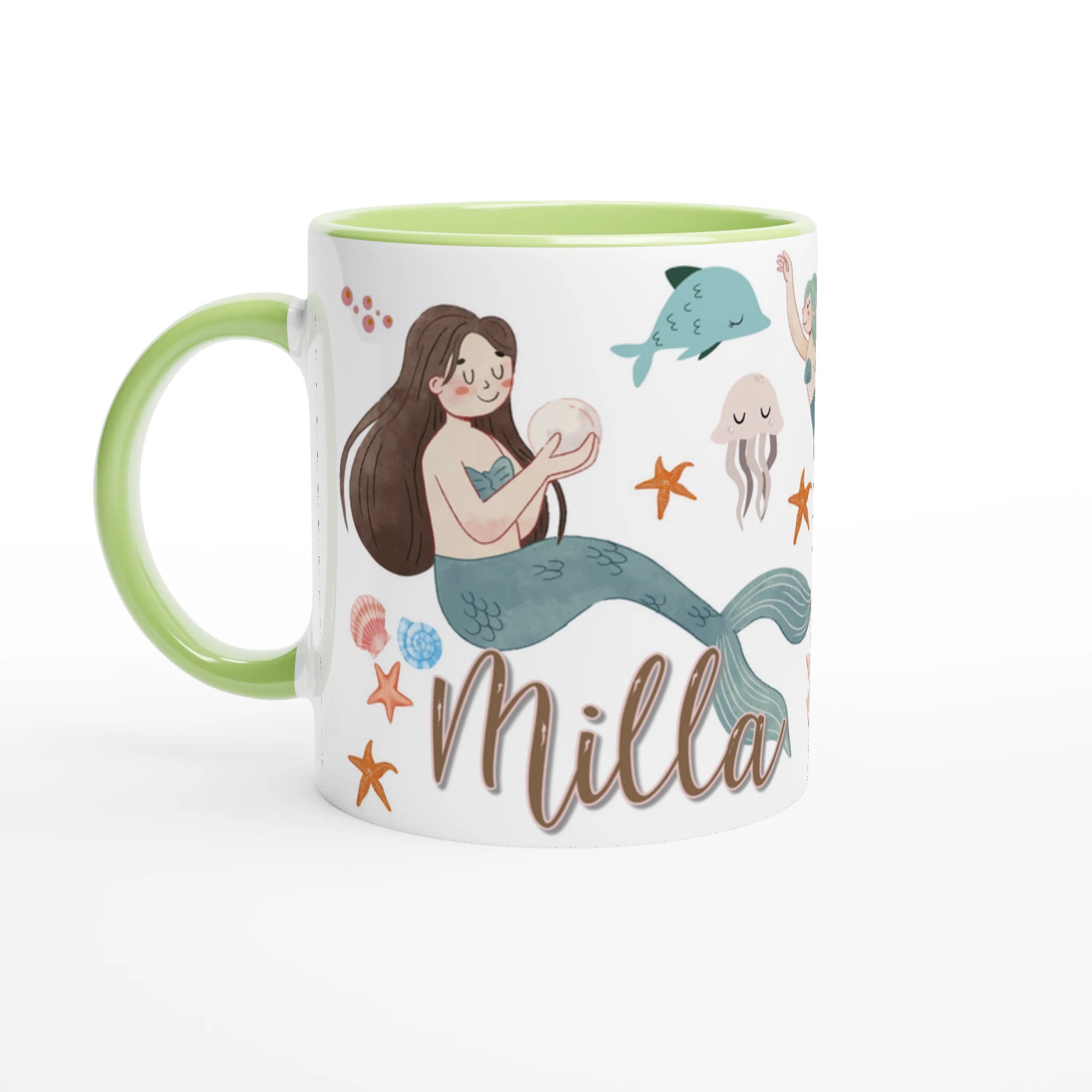 Tasse personnalisée avec décor de sirènes aquarelle et coquillages, intérieur vert, idéale pour un cadeau coloré et original.