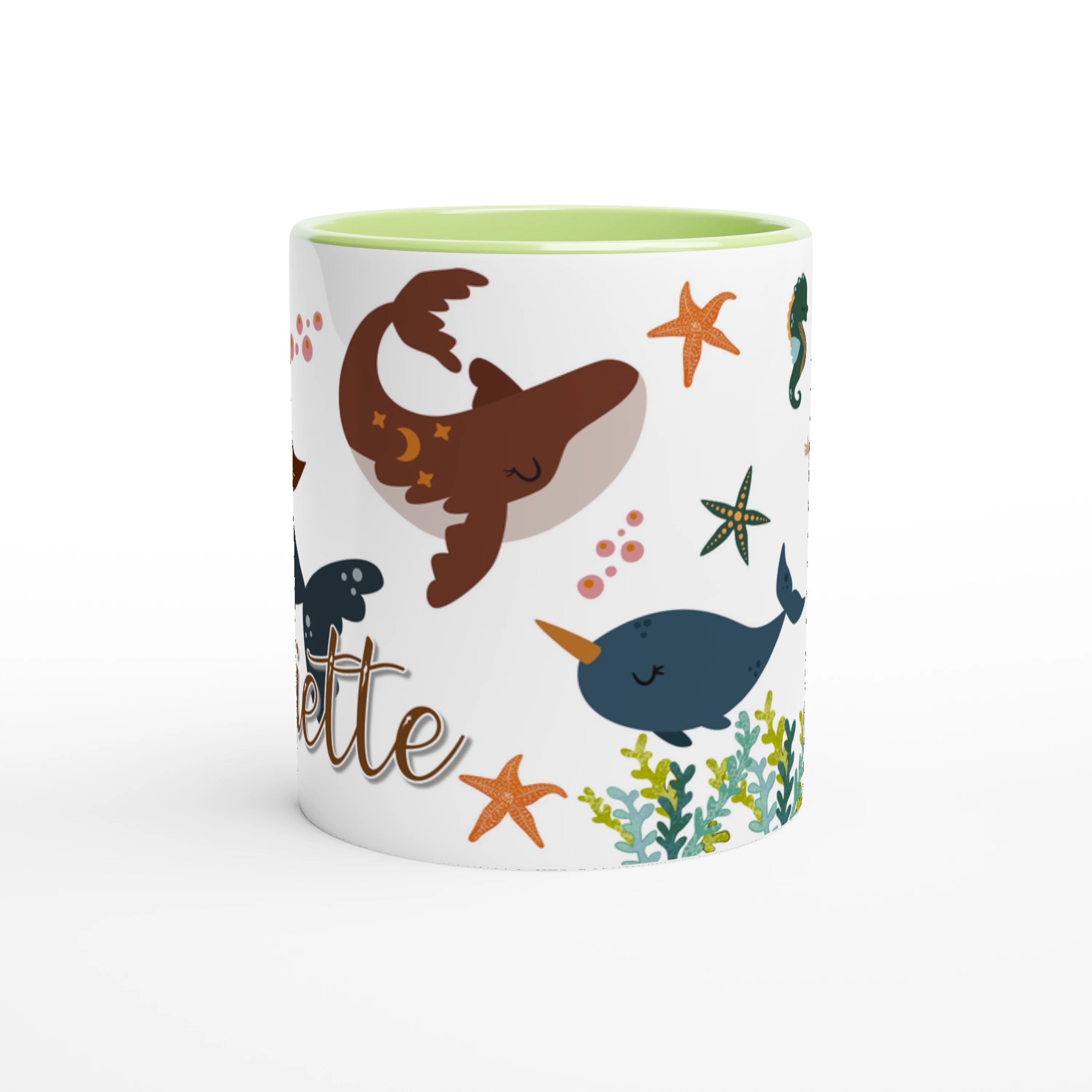 Tasse personnalisée avec décor de sirènes, intérieur vert, idéale pour un cadeau coloré et original.
