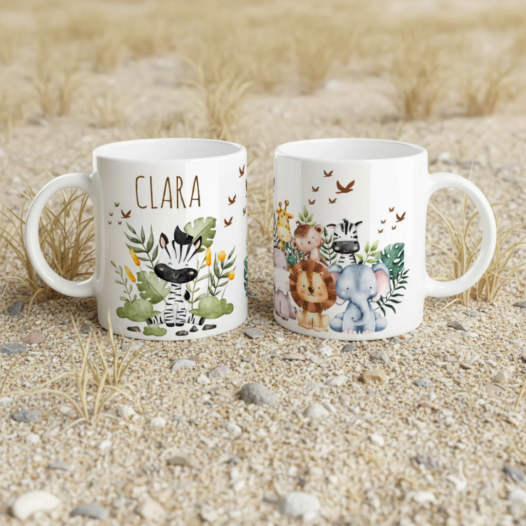 Mug enfant personnalisé illustré avec des animaux de la jungle, lion, éléphant, girafe et zèbre, posé sur une table dans un univers naturel.