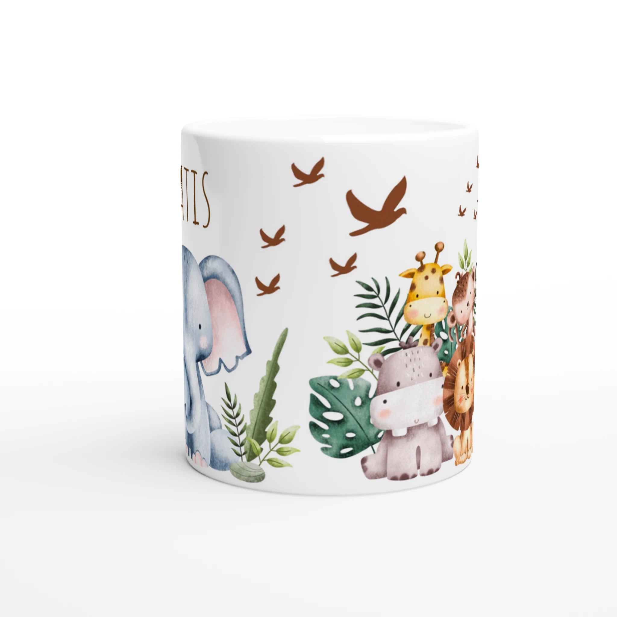 Mug personnalisé tout blanc avec illustration d’éléphant et animaux de la savane en aquarelle, un cadeau tendre et original.