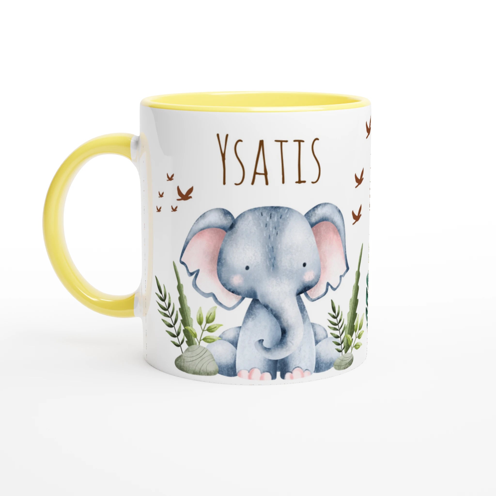 Mug personnalisé avec éléphant, lion et girafe en dessin aquarelle, intérieur jaune, idéal pour un cadeau chaleureux et lumineux.