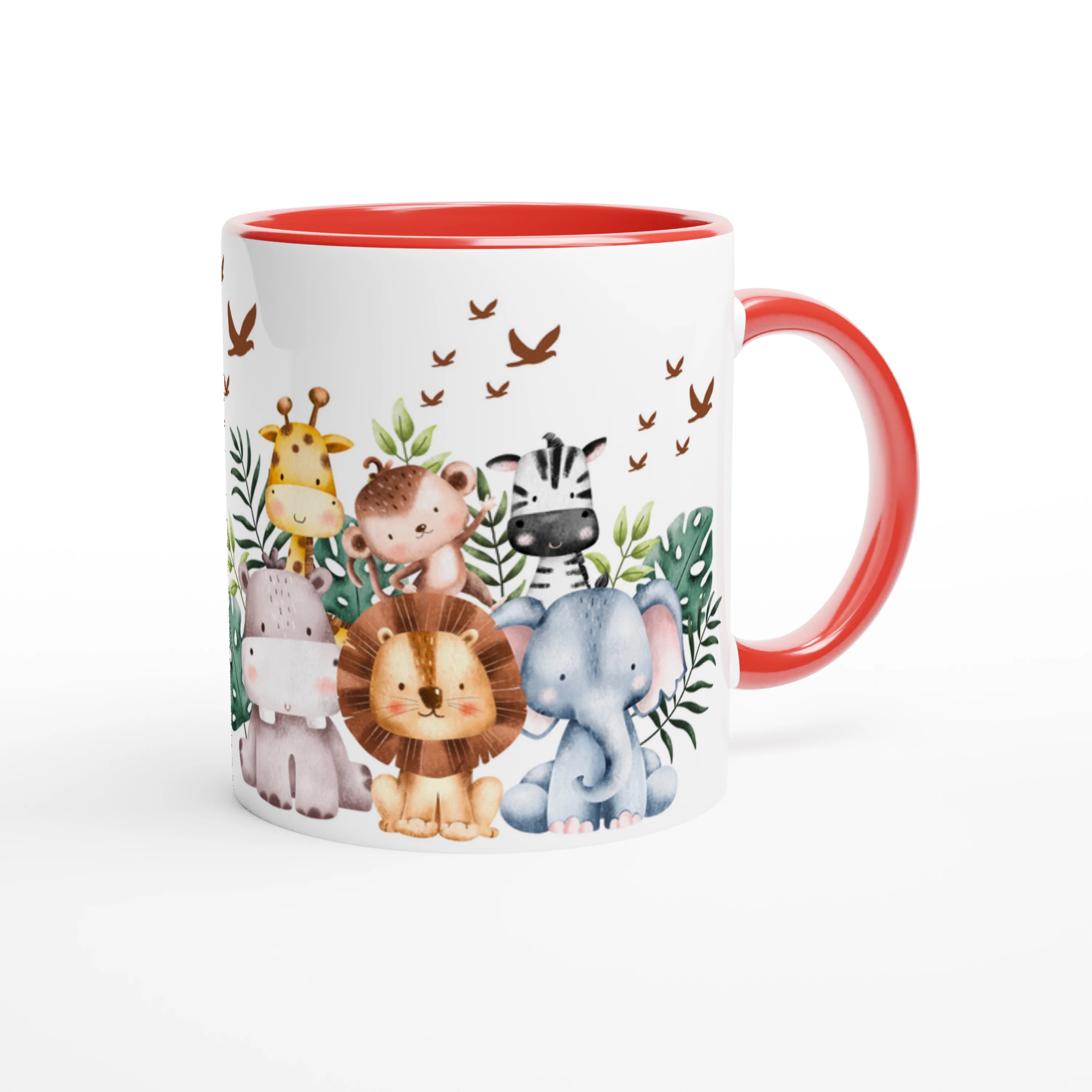 Mug personnalisé avec un lion joyeux et ses amis de la jungle, intérieur rouge, idéal pour un cadeau dynamique et captivant.