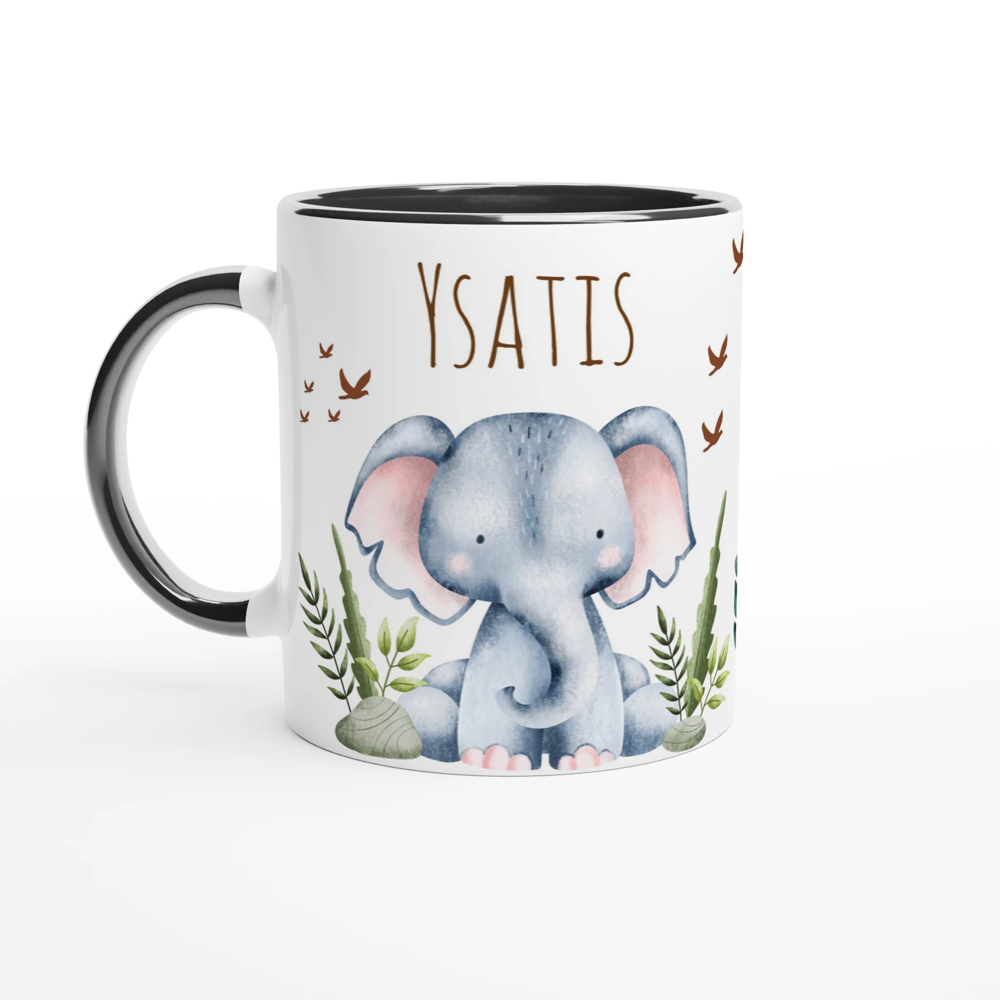 Mug personnalisé avec éléphant et amis de la jungle, intérieur noir, un design contrasté et élégant pour les petits aventuriers.