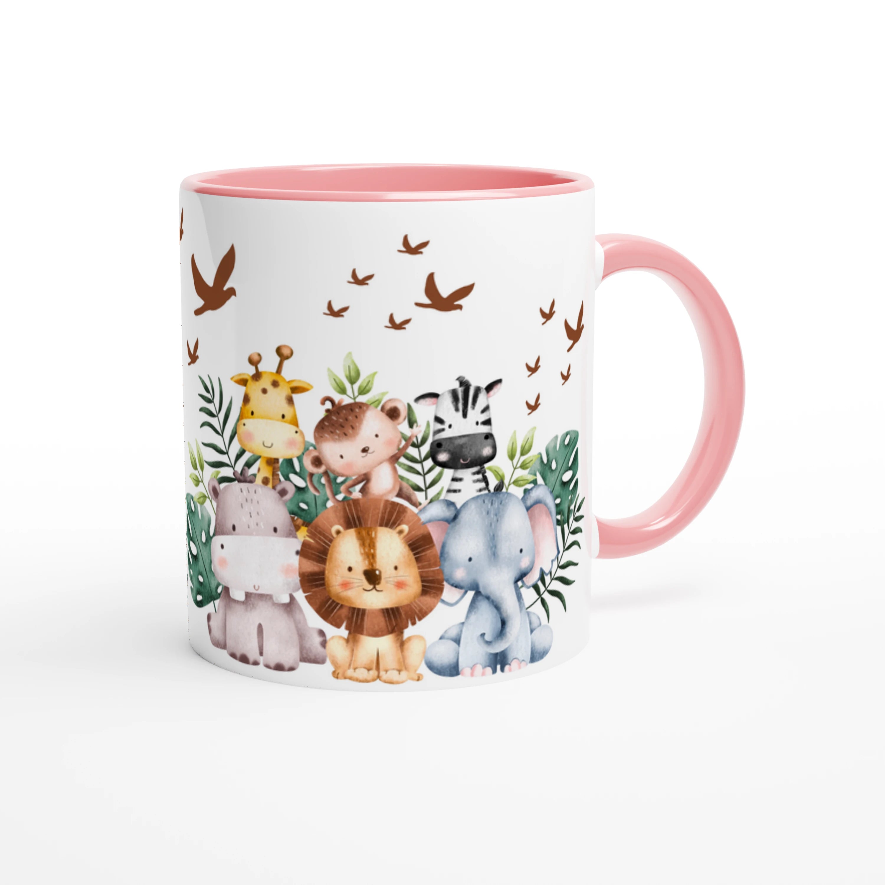 Tasse personnalisée avec animaux de la savane et feuillage tropical, intérieur rose, parfaite pour un cadeau doux et attendrissant.