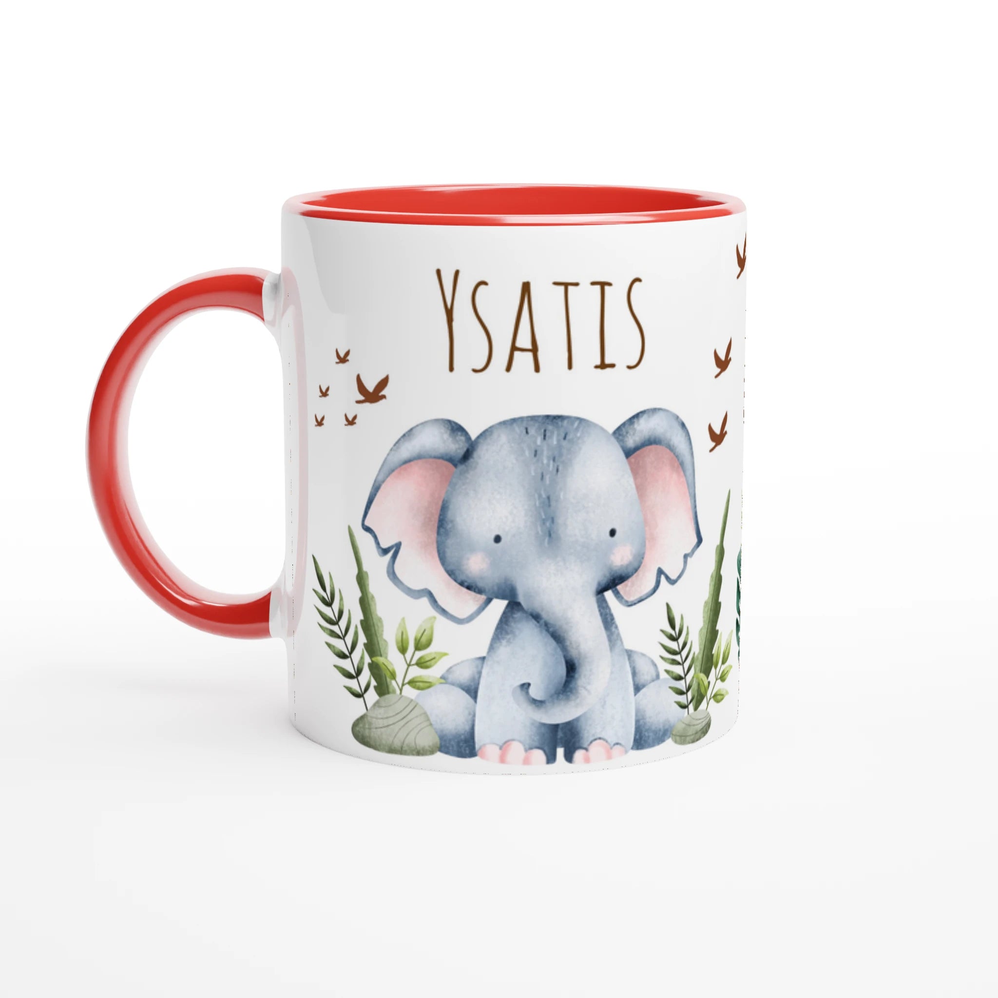 Mug personnalisé avec éléphant, zèbre et lion en illustration aquarelle, intérieur rouge, idéal pour un cadeau coloré et vivant.