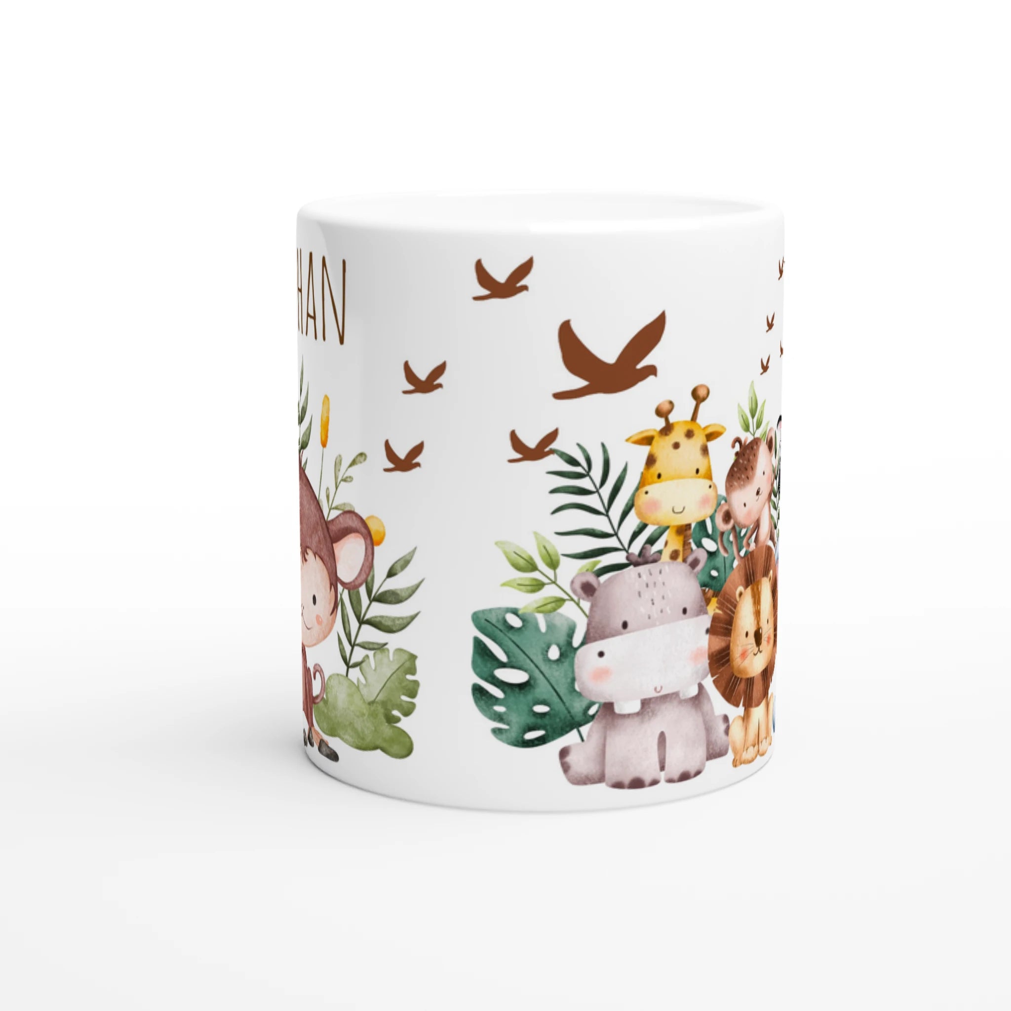 Mug personnalisé tout blanc avec un petit singe adorable et ses amis de la savane, parfait pour un cadeau original et ludique.