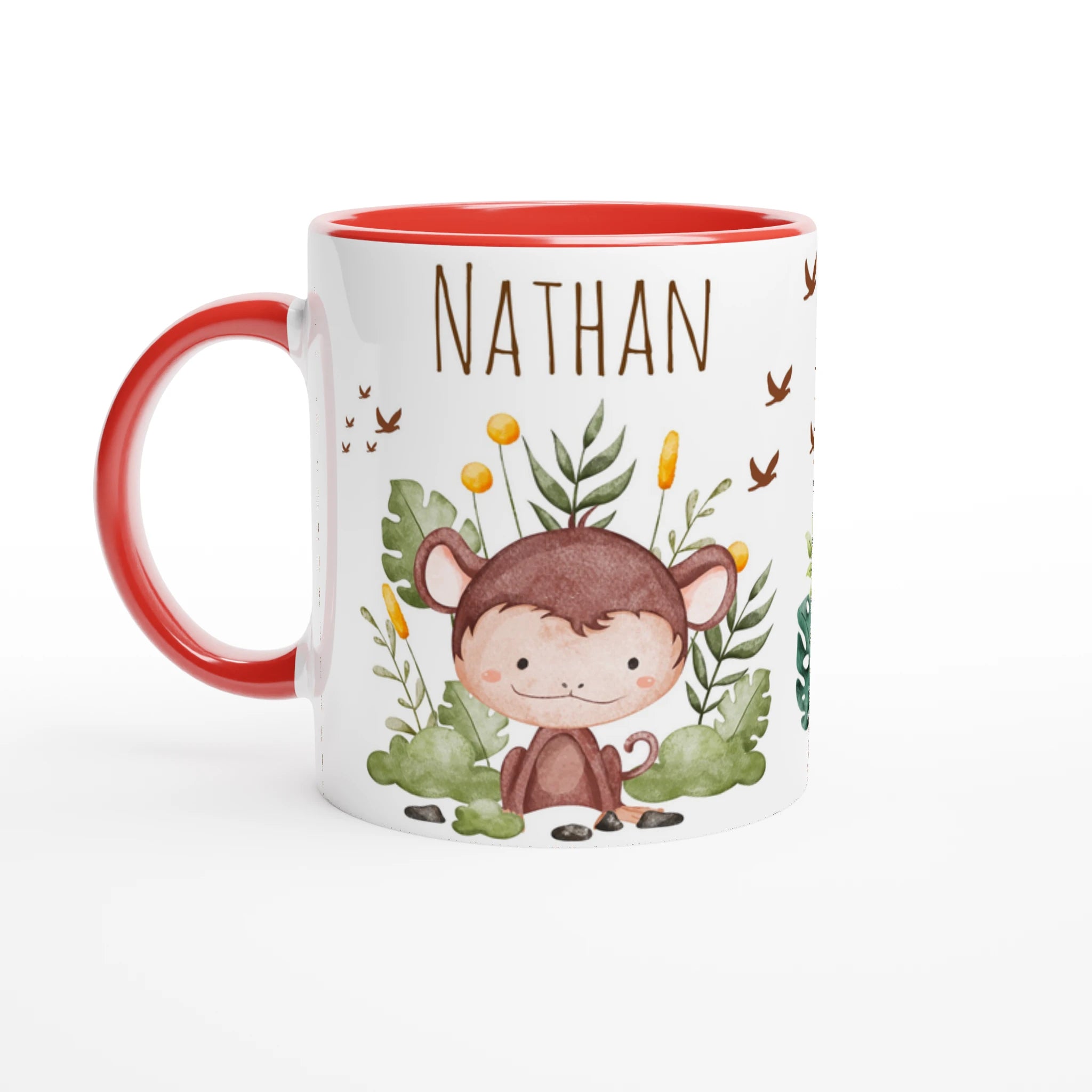 Mug personnalisé avec un singe rigolo et ses amis de la jungle, intérieur rouge, un cadeau plein de vitalité et de bonne humeur.
