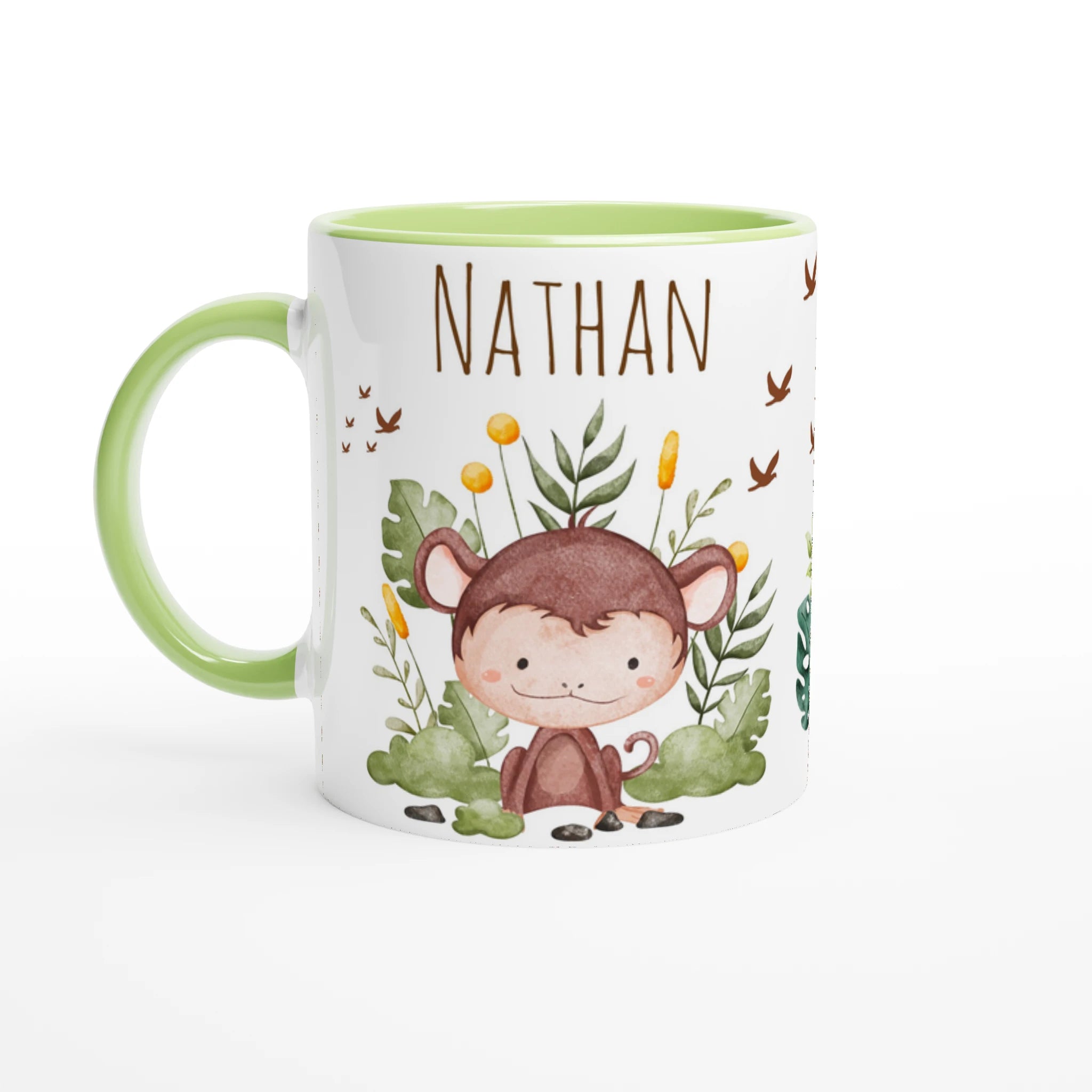 Mug personnalisé avec un singe malicieux et feuillage exotique, intérieur vert, parfait pour une touche naturelle et apaisante.