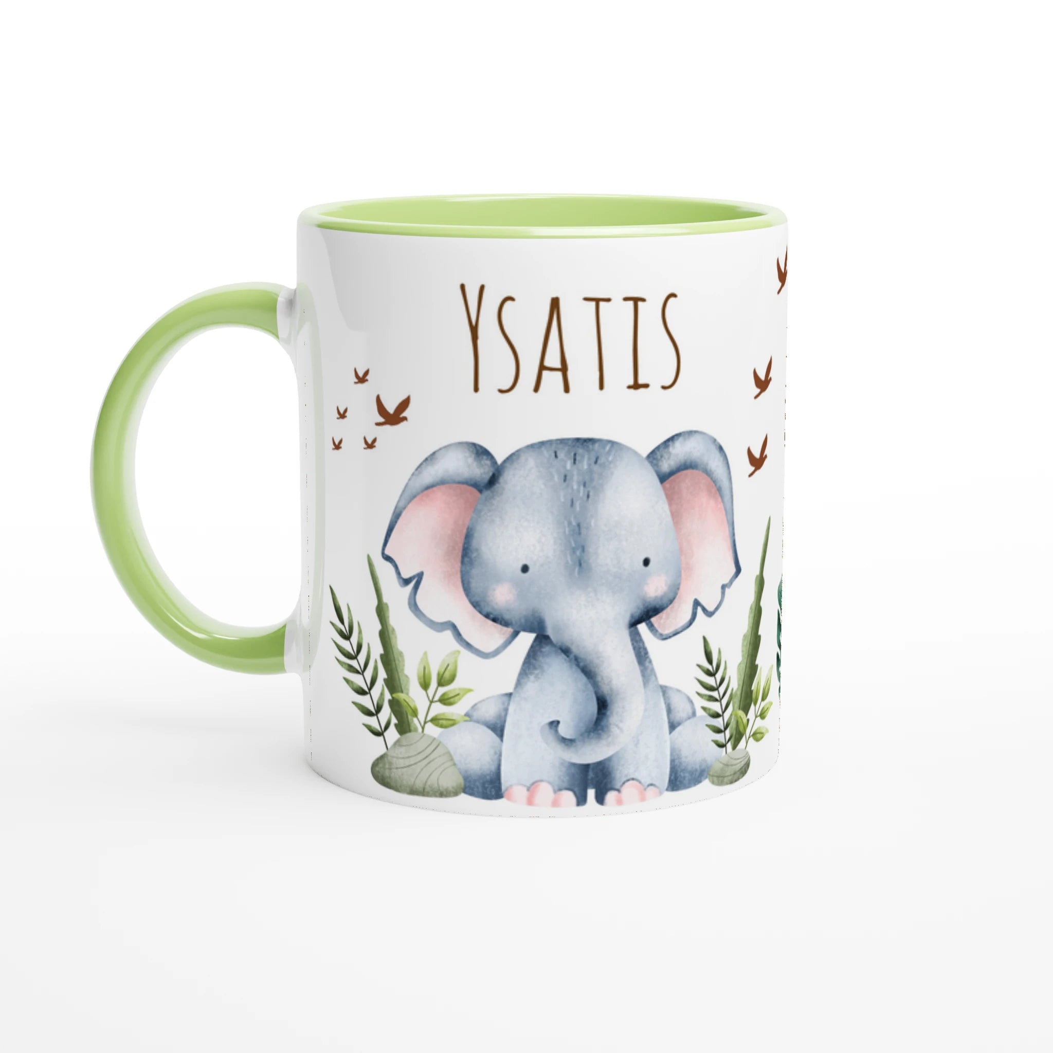 Tasse personnalisée avec animaux sauvages et nature luxuriante, intérieur vert, un cadeau inspiré de la jungle pour les enfants curieux.