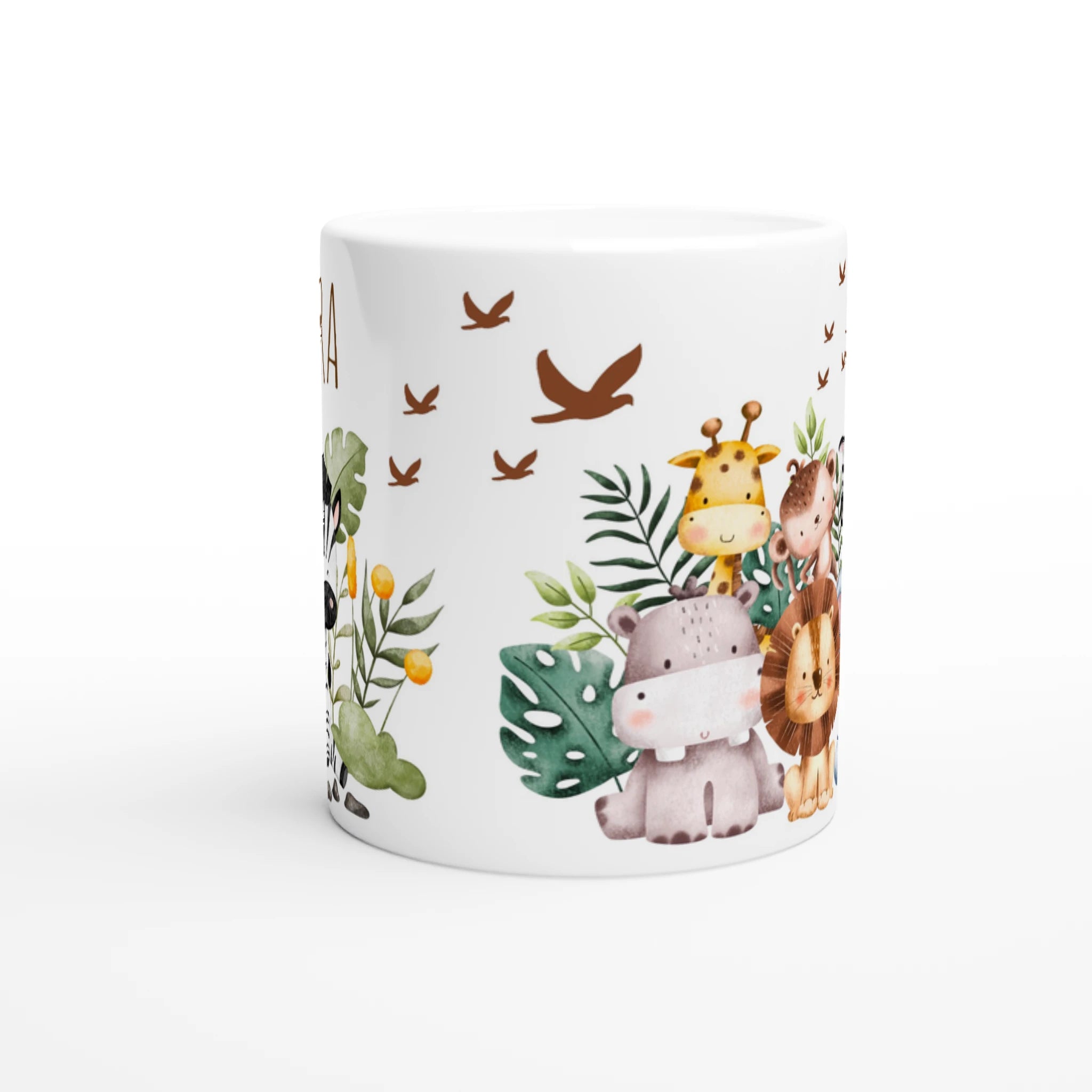 Mug personnalisé tout blanc avec un zèbre adorable et ses amis de la savane, parfait pour un cadeau unique et attendrissant.