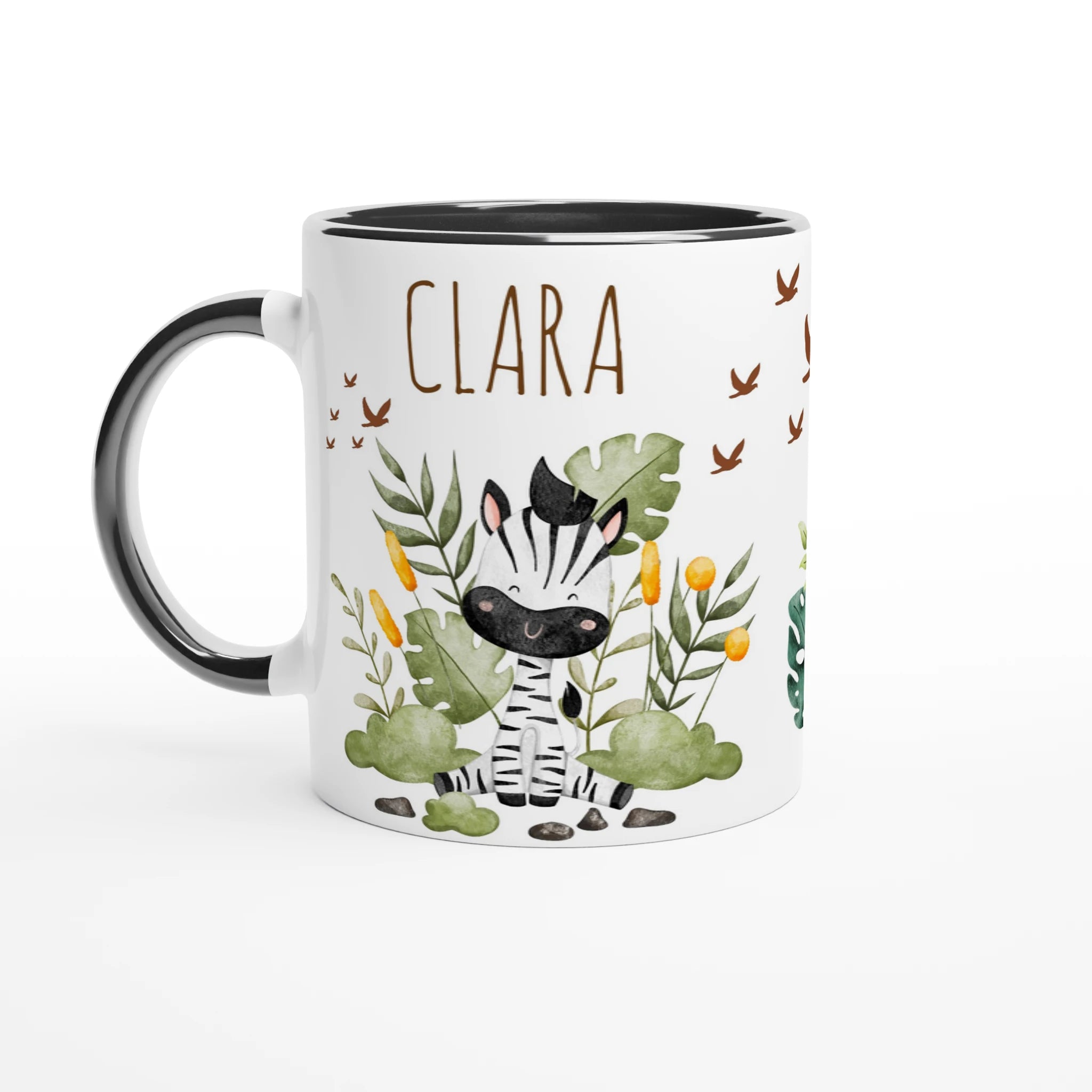 Mug personnalisé avec un zèbre et une ambiance jungle, intérieur noir, parfait pour un design contrasté et moderne.
